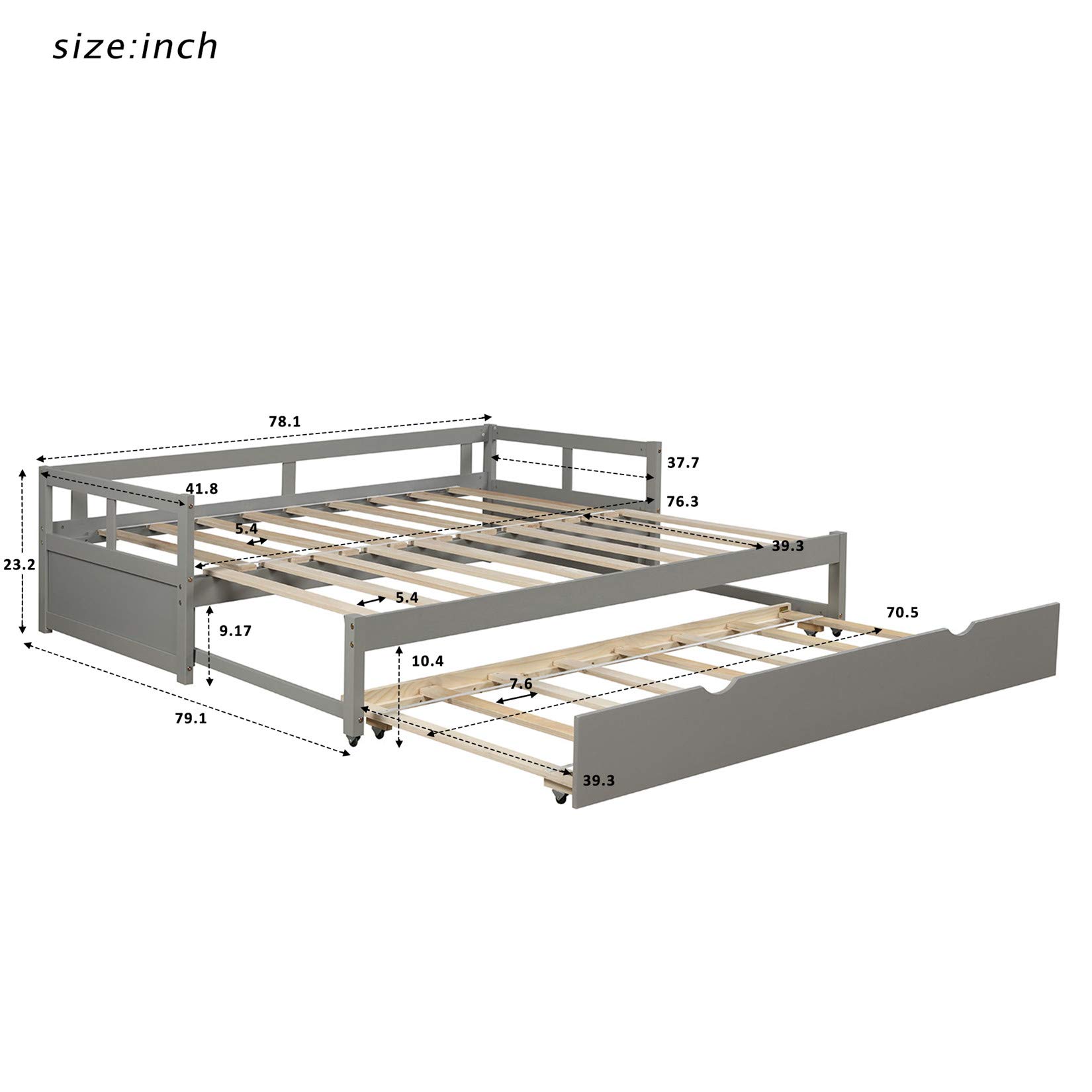 Twin to King Daybed with Trundle - Wooden Extendable Sofa Bed for Bedroom & Living Room - Space Saving Gray Daybed (Perfect for Guest Rooms, Small Apartments & Multi-Purpose Spaces)