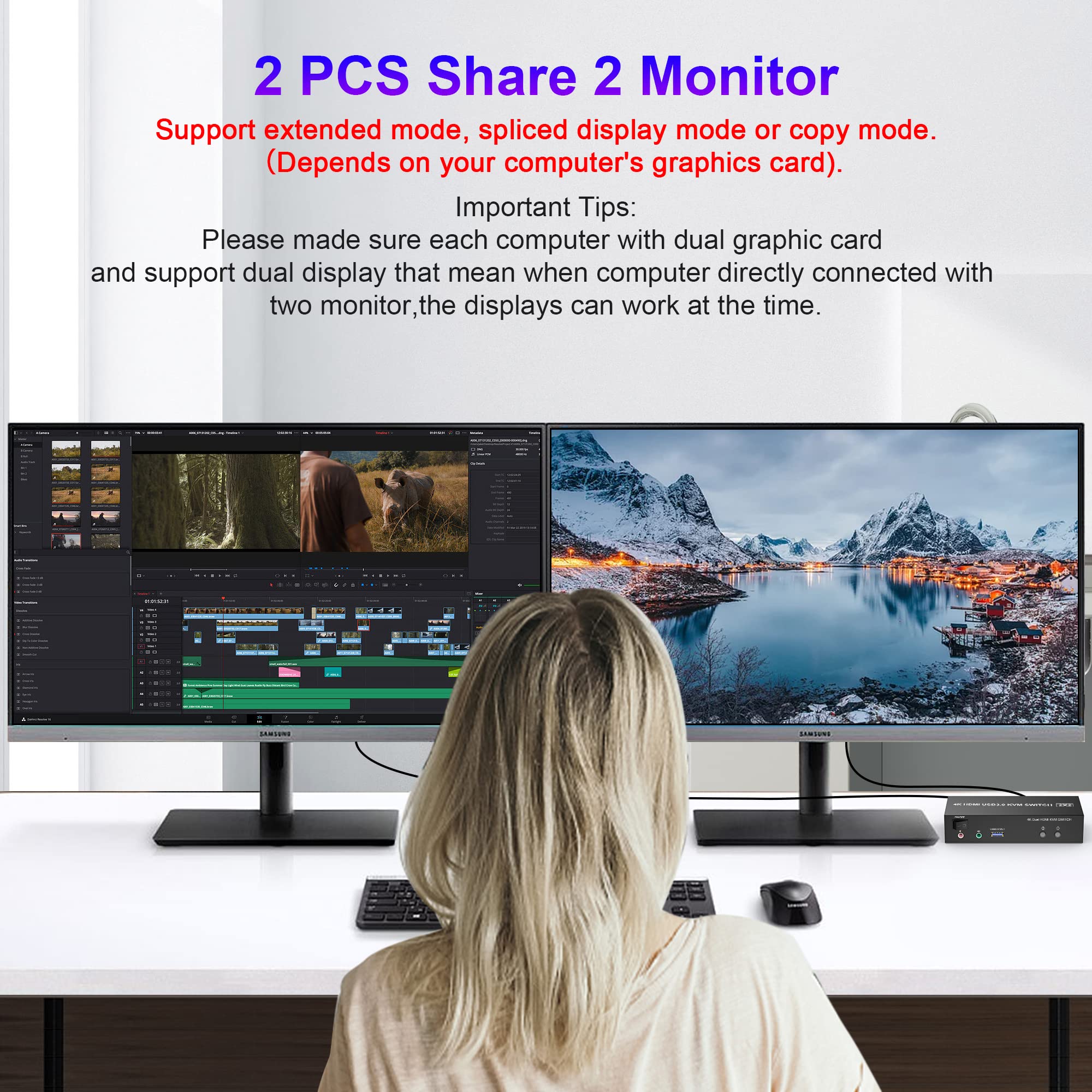 USB 3.0 KVM Switch 2 Port HDMI 4K@60Hz - Dual Monitor Keyboard Video Mouse Switcher for 2 Computers with Audio, Microphone & 3 USB 3.0 Ports - Perfect for Home Office, Gaming Setup and Multi-Tasking Workstations