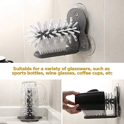 Premium Bottle Cleaning Brush with Suction Base - Glass Cup Washer for Beer Mugs, Wine Glasses, Tall Tumblers - Durable Sink Brush for Bar & Kitchen Use - Perfect for Home Cleaning Tools (Grey)