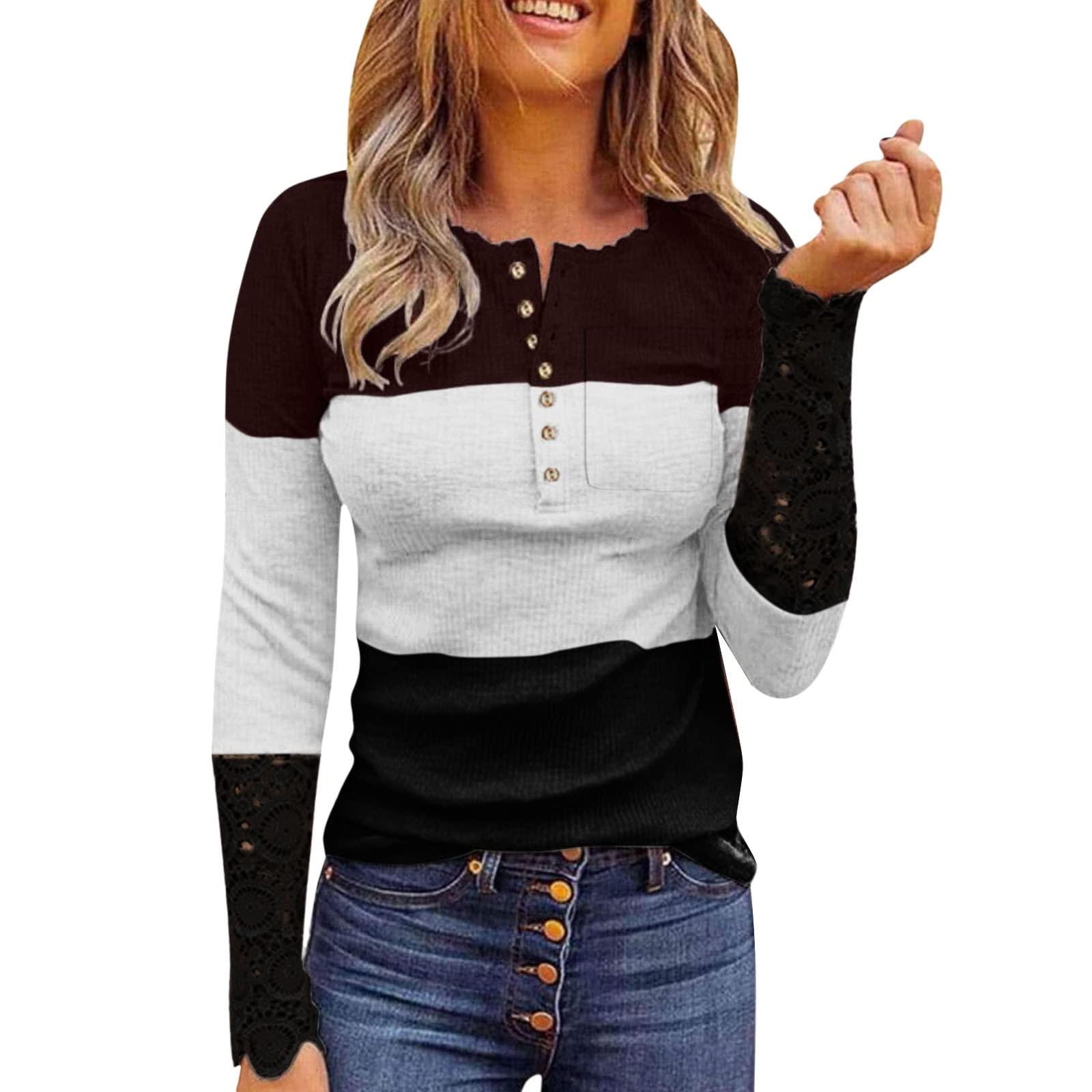 Women's Long Sleeve Lace V-Neck Button Down Henley Shirt Blouse - Elegant White Plus Size Tops for Work, Date Night & Casual Outfits