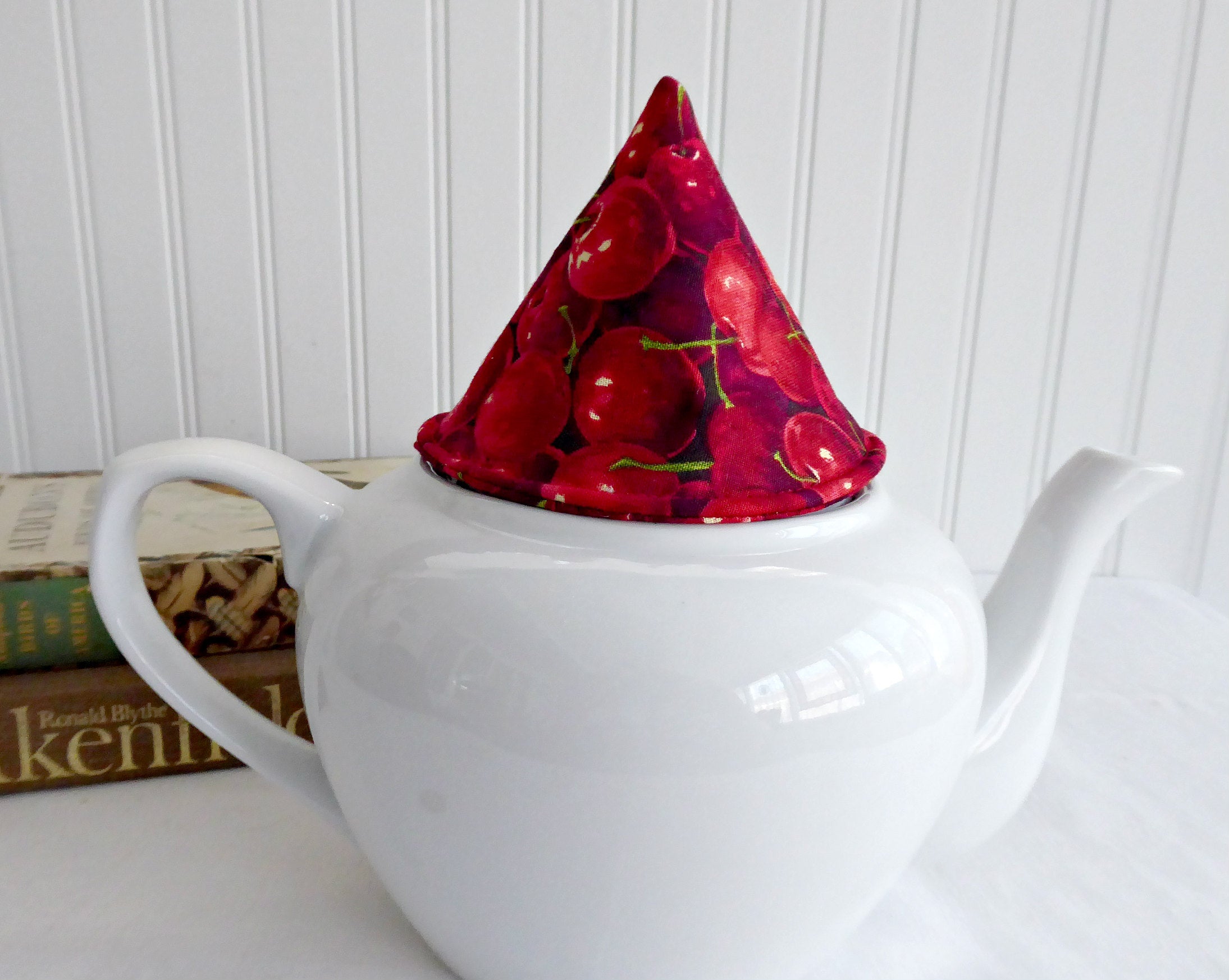 Red Cherries Knob Holder - Teapot Lid Holder with Soft Padded Interior & Exterior - Perfect for Kitchen, Tea Parties, and Gift Giving