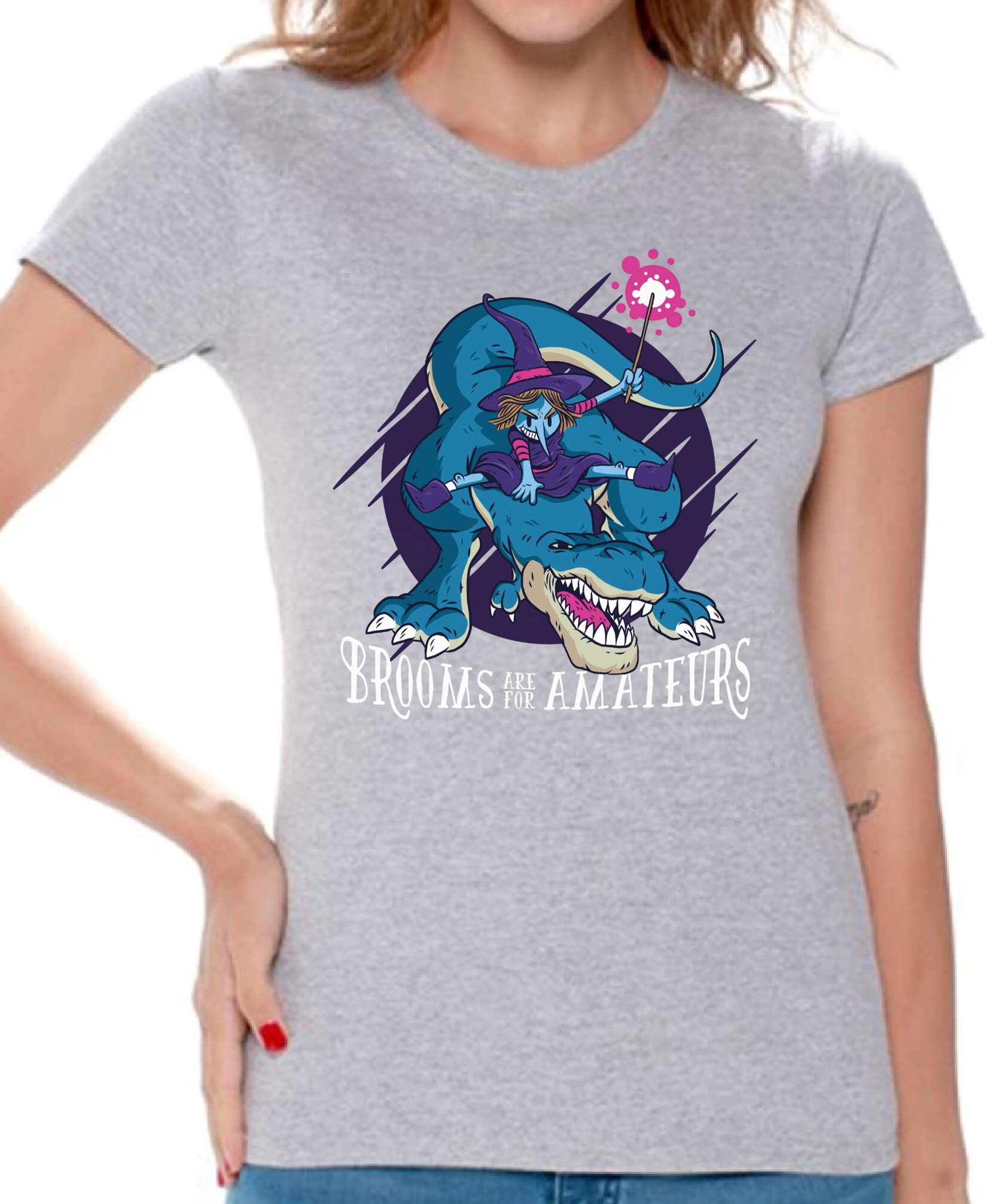 Funny Halloween T-Shirt for Women - Witch Riding Dinosaur Graphic Tee | Cute & Spooky Costume Party Outfit | Perfect for Halloween Parties, Trick or Treating & Cosplay Events