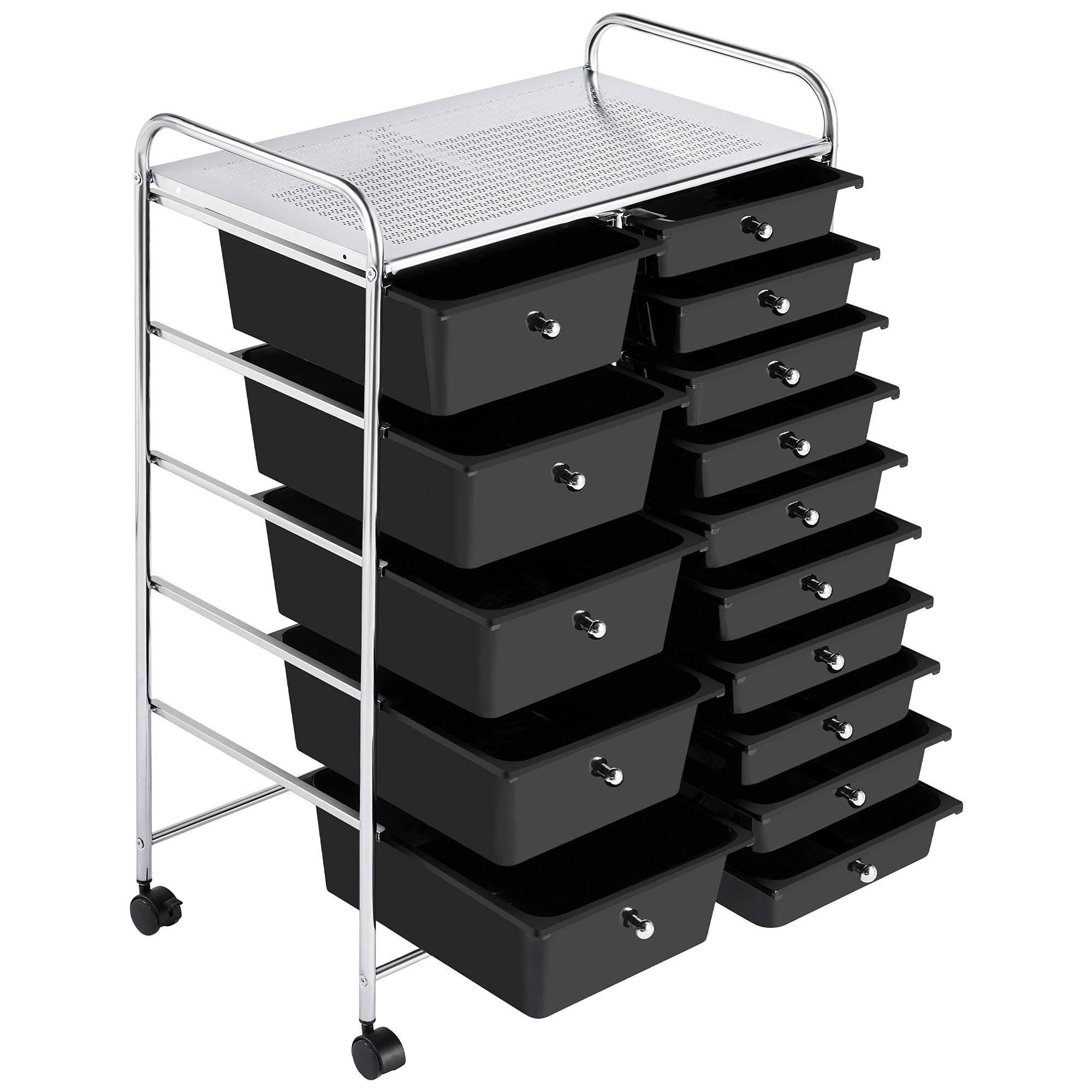 Topeakmart 15-Drawer Rolling Utility Cart Organizer - Plastic Storage Drawers, Craft Trolley with 360° Swivel Castor Wheels - Black - Perfect for Home, Office, Workshop & Craft Room Organization