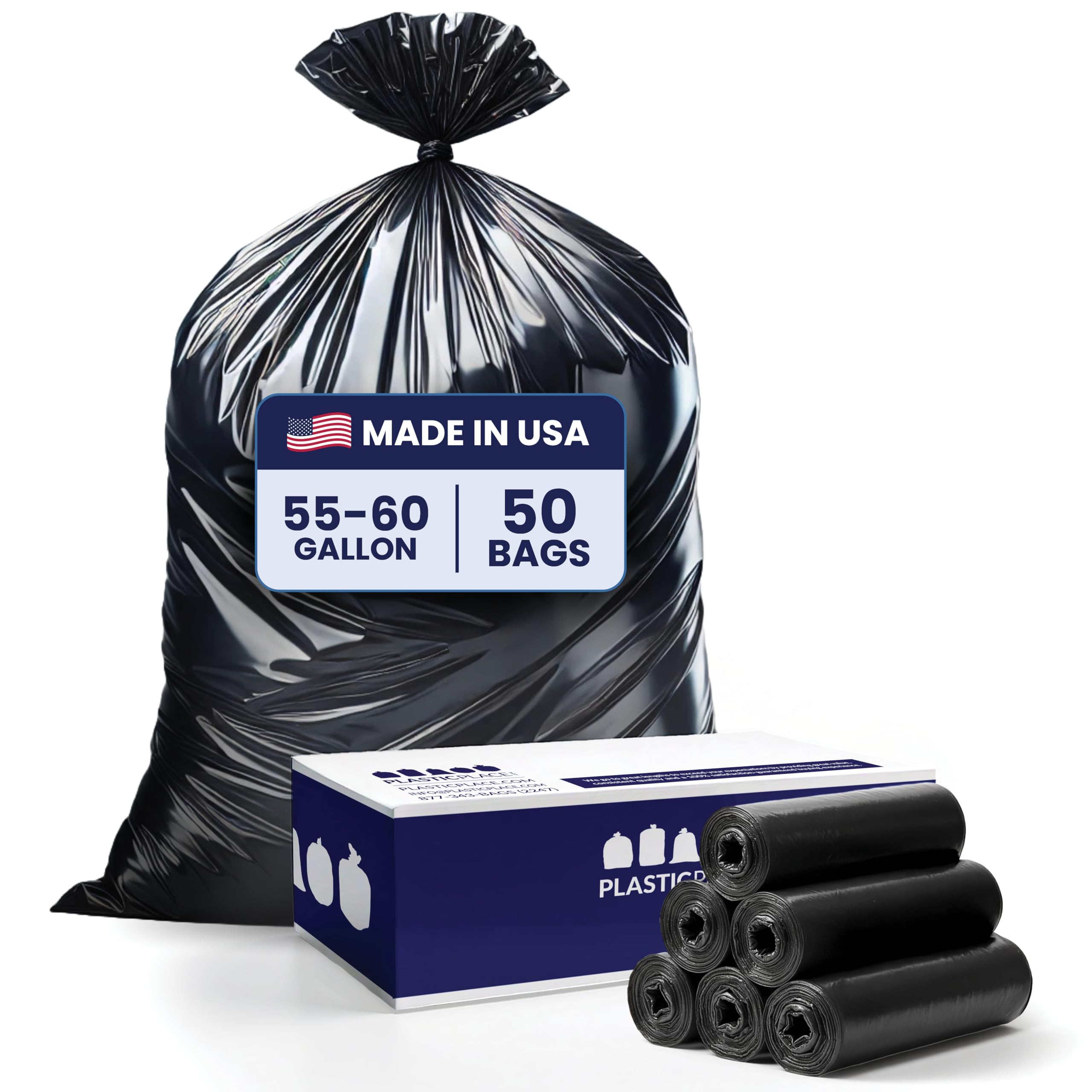 Plasticplace Heavy Duty 55-60 Gallon Trash Bags - 1.5 Mil Thick Black Garbage Can Liners, 38