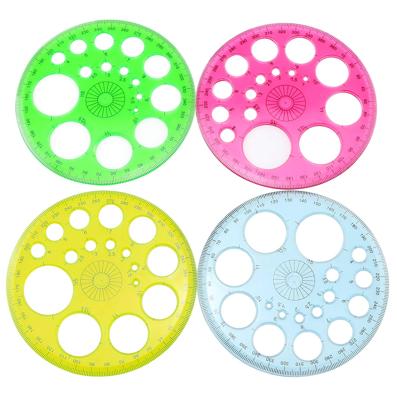 4-Piece Colorful Transparent 360 Degree Protractor and Circle Maker Set - Blue, Yellow, Green, Pink Templates for Small Circles | Perfect for Math Class, Engineering Drawings & DIY Craft Projects