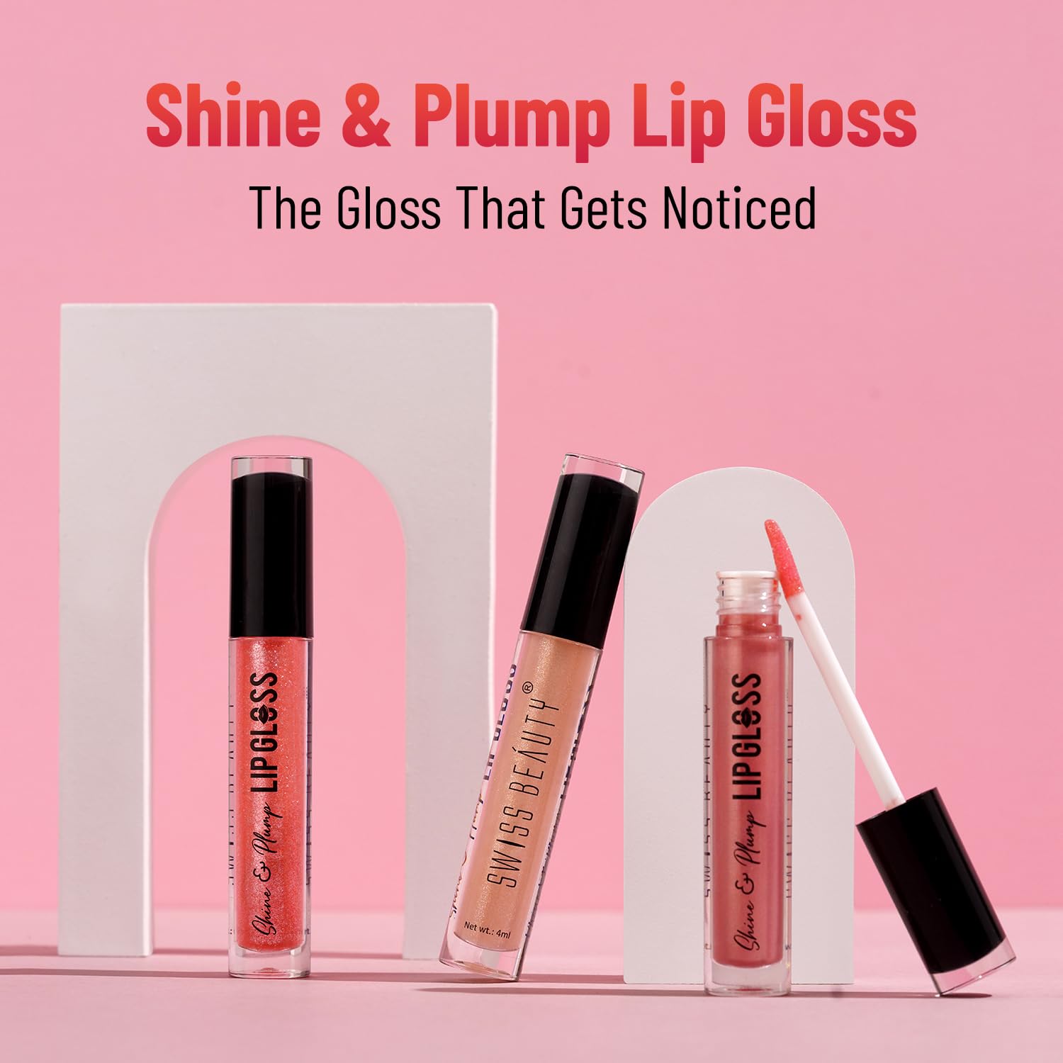 Swiss Beauty Shine & Plump Lip Gloss - Non-Sticky, Hydrating, Pink Shade (4ml) | Perfect for Everyday Wear, Date Night & Makeup Looks