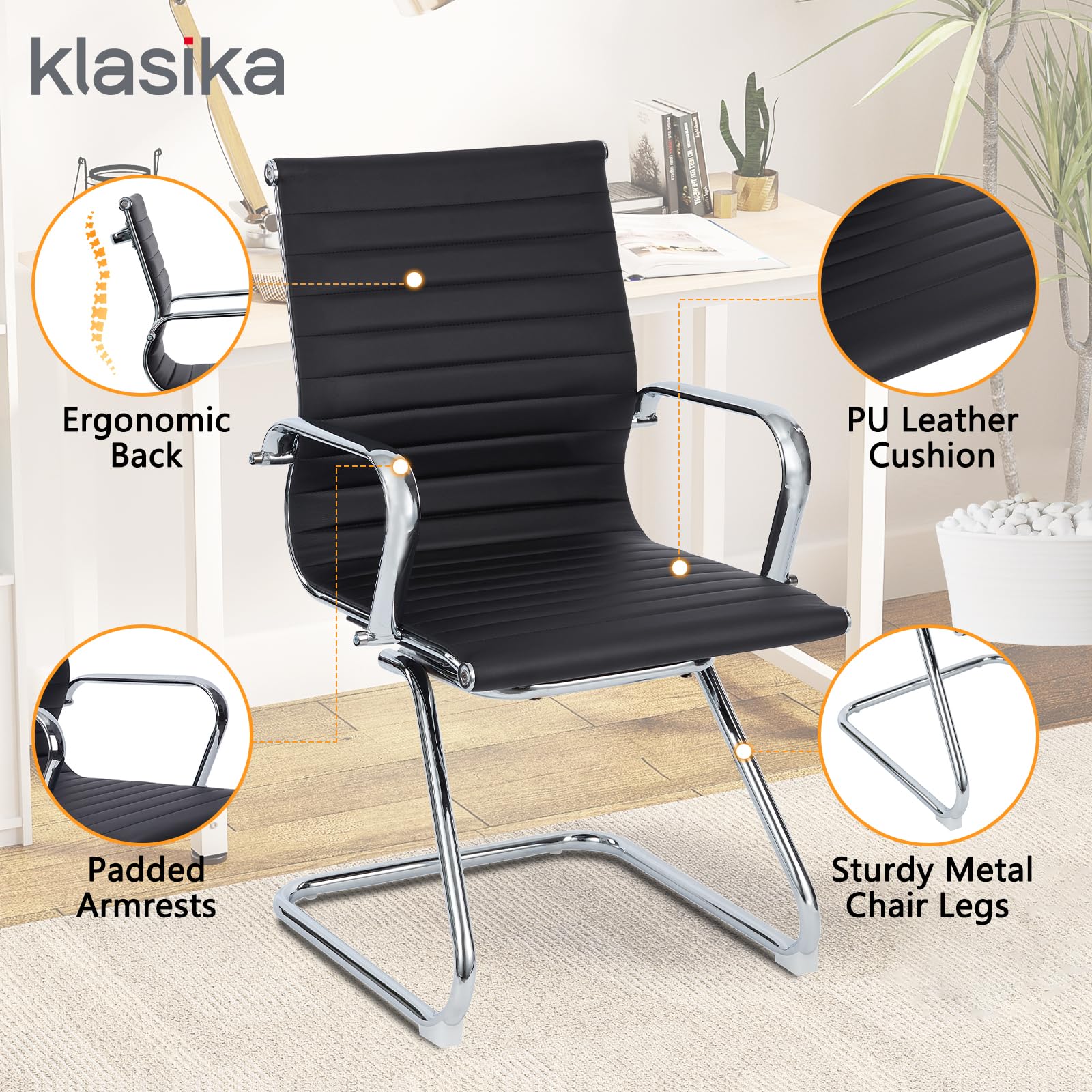 Premium Leather Office Guest Chair - Foldable Reception Chair with Sled Base, No Wheels - Perfect for Conference Rooms, Waiting Areas & Home Offices (Set of 1)