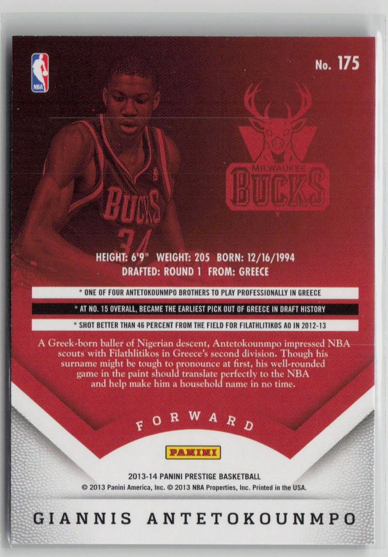 2013-14 Panini Prestige Giannis Antetokounmpo Rookie Card #175 - Rare NBA Basketball Trading Card for Collectors & Fans - Perfect for Sports Memorabilia Collections, Investment, and Gift Giving
