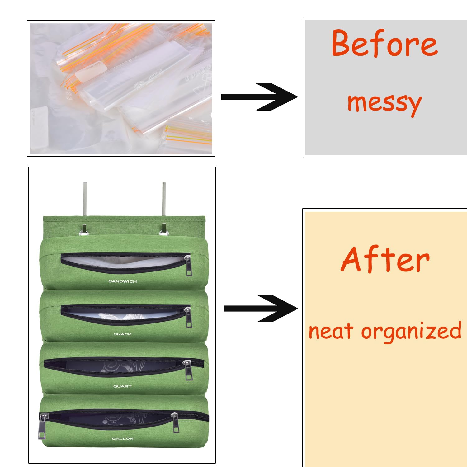 Zipper Bag Organizer for Kitchen, RV & Camping - Gallon, Quart, Sandwich & Snack Food Storage Bags | Plastic Bag Storage Solution (Green) - Perfect for Meal Prep, Travel & Home Organization