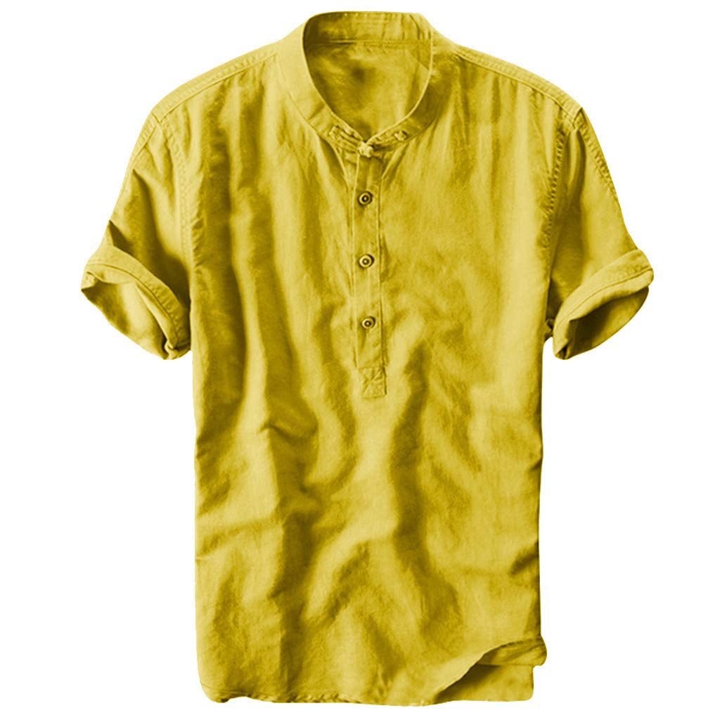 2024 Men's Short Sleeve Cotton Linen Shirt - Breathable Button Down Summer T-Shirt for Beach, Yoga & Casual Wear | Solid Plain Cuban Guayabera Style Top in Yellow | Perfect for Vacation, Outdoor Activities & Everyday Comfort