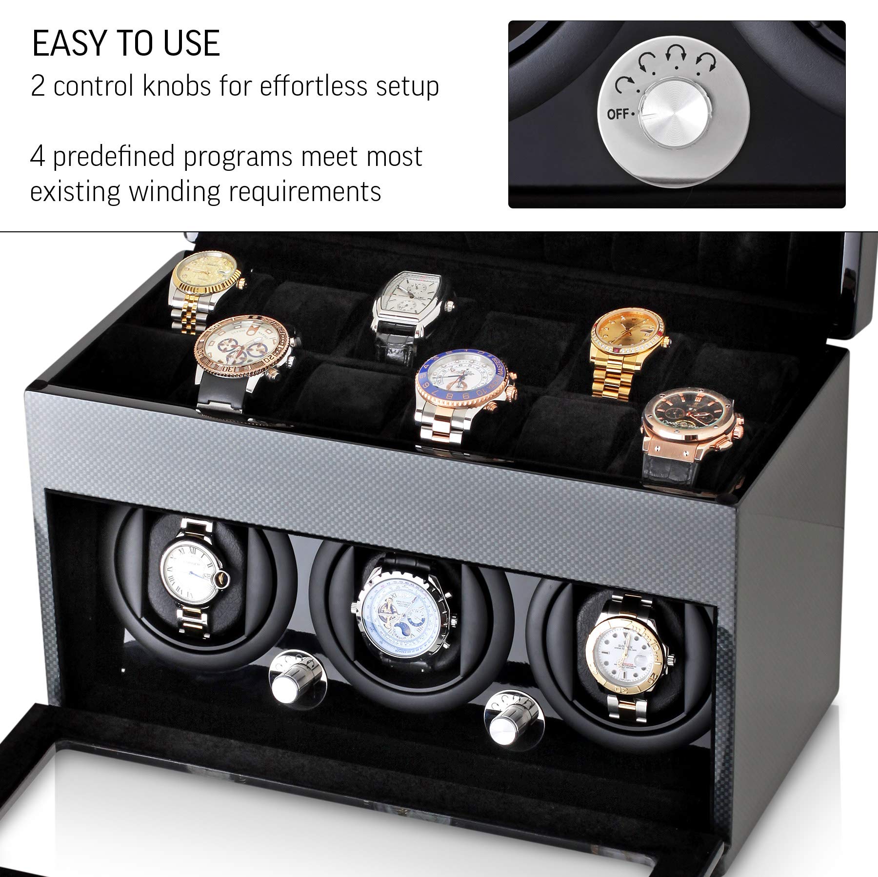 Premium Watch Winder & Storage Box - Holds 3 Automatic Watches & 12 Watch Storage | Perfect for Watch Collectors, Luxury Watch Display & Travel Watch Case