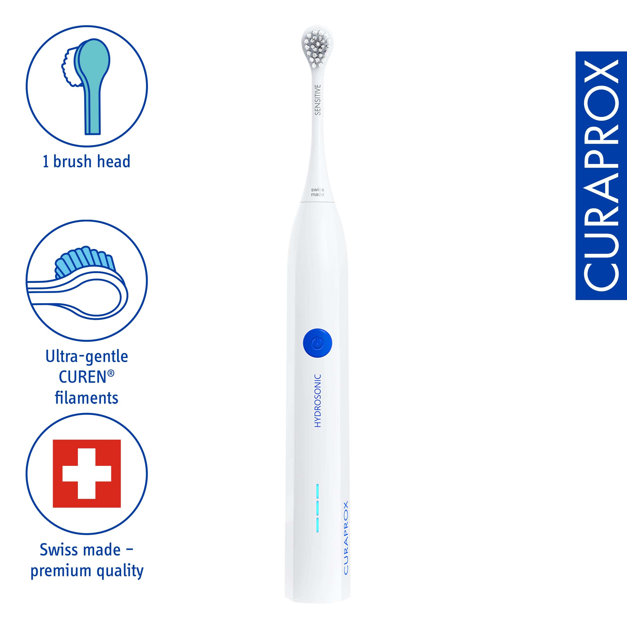 Curaprox Sonic Electric Toothbrush Hydrosonic Easy - 3 Cleaning Modes, 2-Minute Timer, Sensitive Brush Head, Powerful Battery with Charger & Travel Case - Perfect for Home, Travel & Daily Oral Care