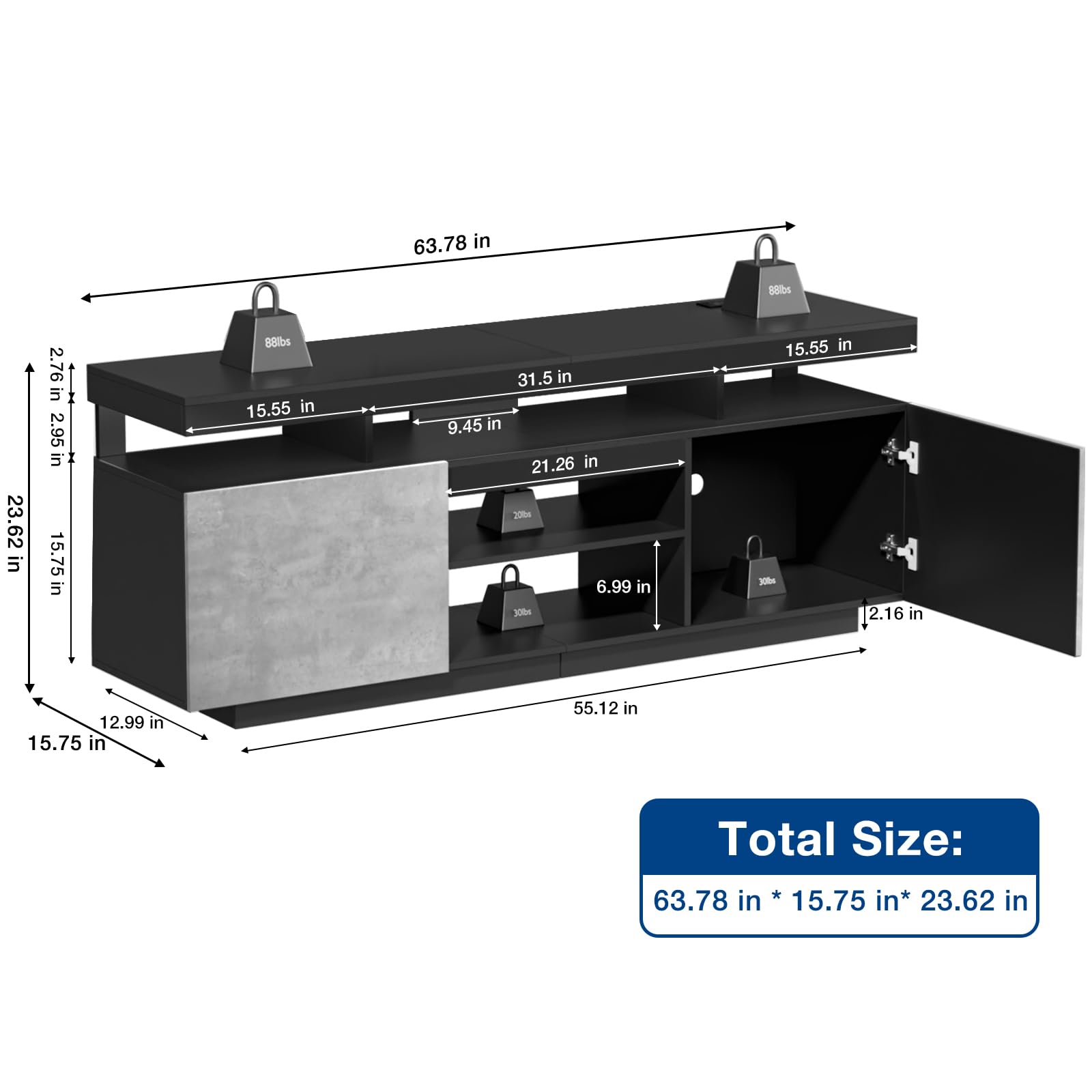 HOMMPA 2-Piece LED Lift Top Coffee Table and TV Stand Set - Modern LED Entertainment Center with Power Outlets for 70