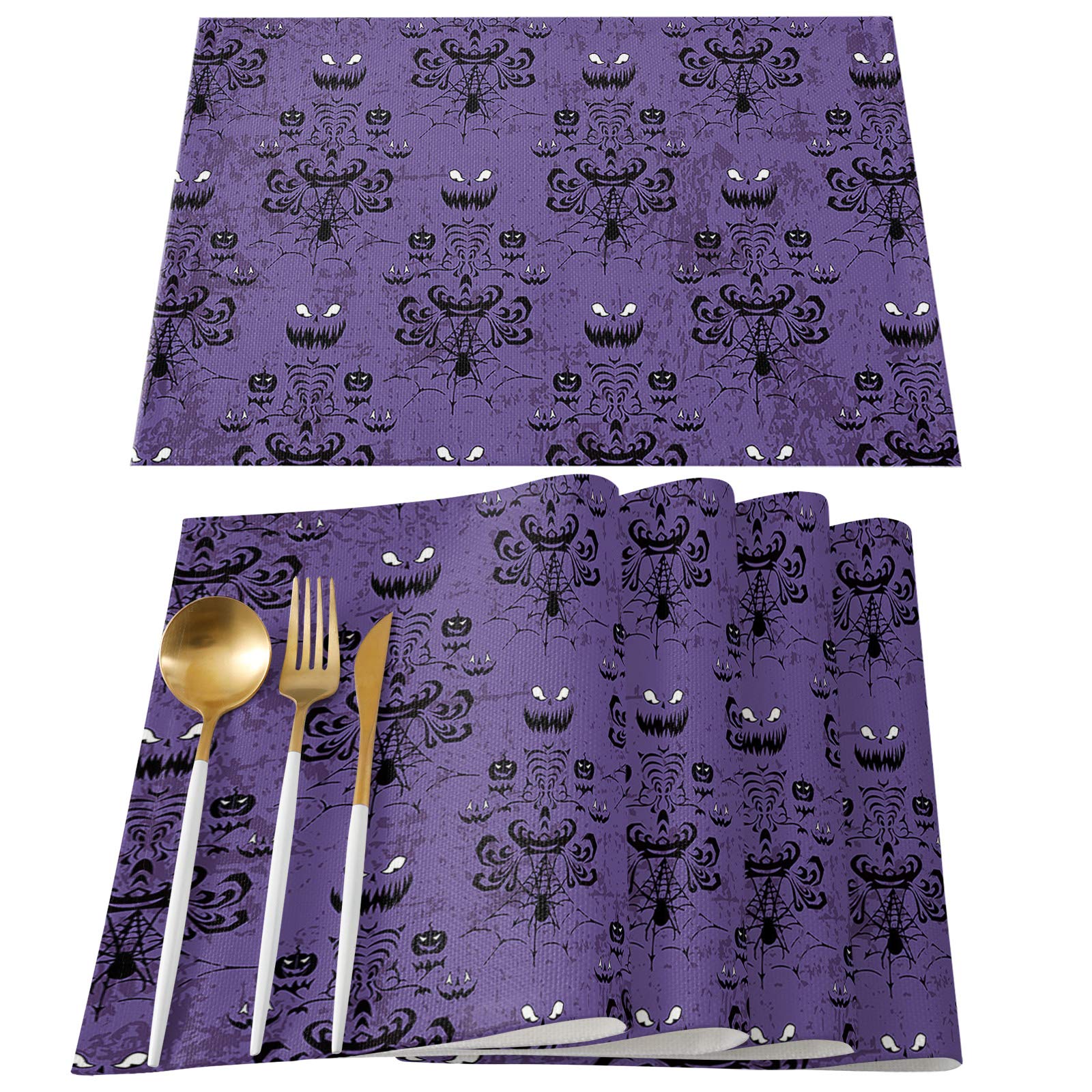 Halloween Placemats Set of 6 - Waterproof Cloth Table Mats for Dining, Cotton Linen Fabric Placemats in Purple - Haunted House Ghost & Spiderweb Design - Perfect for Scary Movie Nights, Halloween Parties & Spooky Dinner Decor