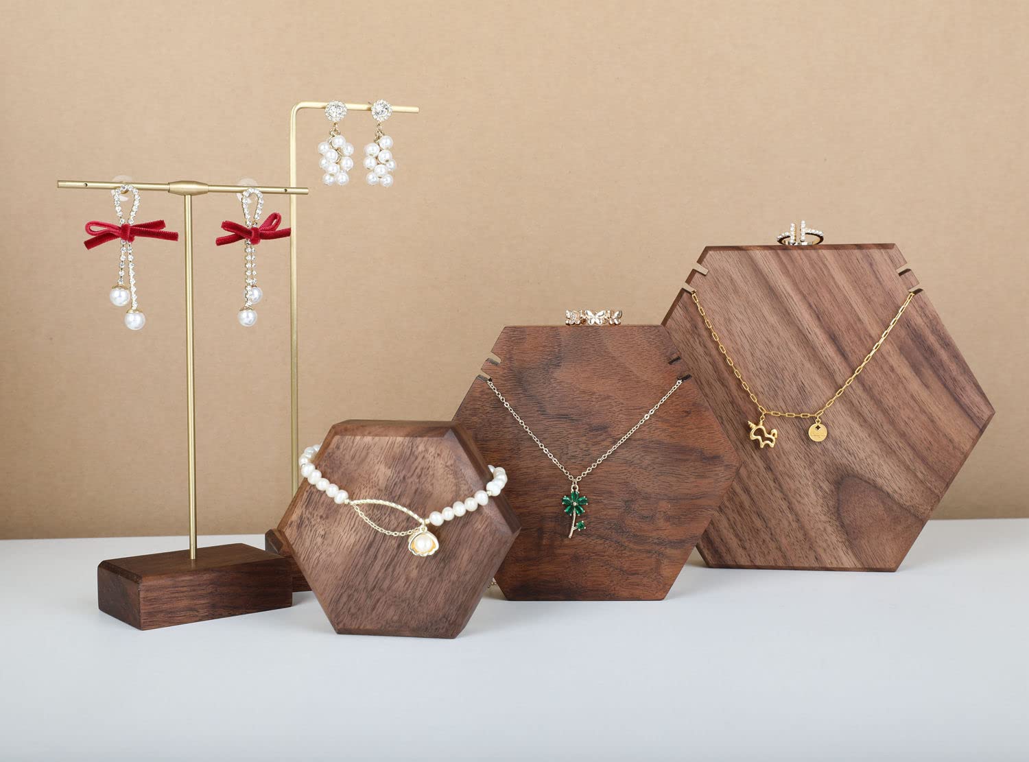 GemeShou 3-Piece Walnut Wood Necklace Display Stand Set - Hexagon Jewelry Holder Organizer for Retail Stores & Boutiques | Perfect for Necklace Storage, Showcase, and Selling in Jewelry Shops
