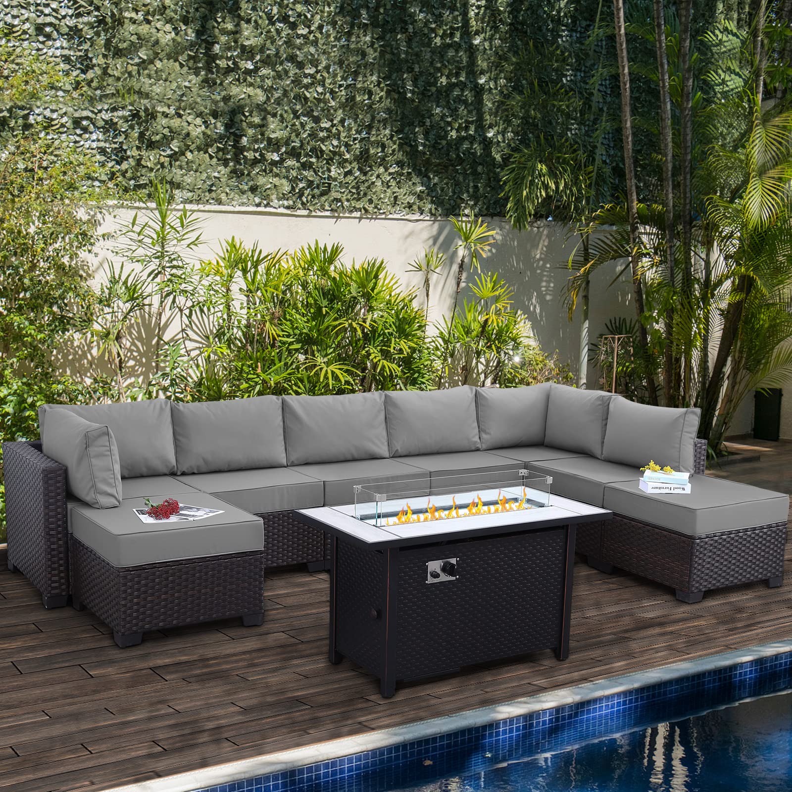 9-Piece PE Rattan Patio Furniture Set - Outdoor Wicker Sectional Sofa with Gray Cushions & 45
