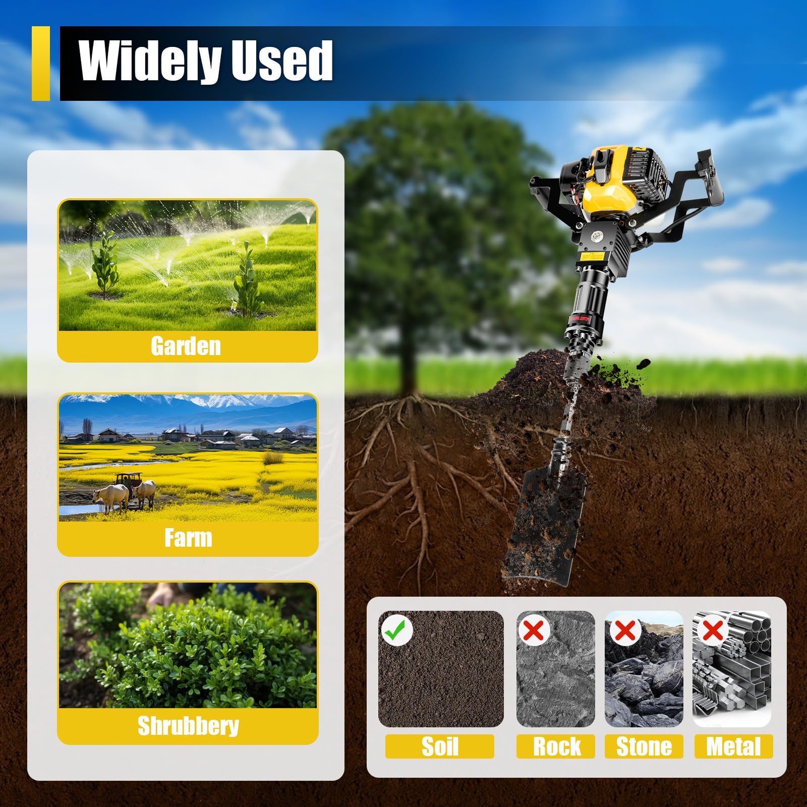 52cc 2-Stroke Gas Powered Handheld Planting Shovel Drill - Portable Single Cylinder Garden Tree Digger & Excavator for Farm, Home & Landscaping | Ideal for Digging Holes, Planting Trees & Garden Maintenance