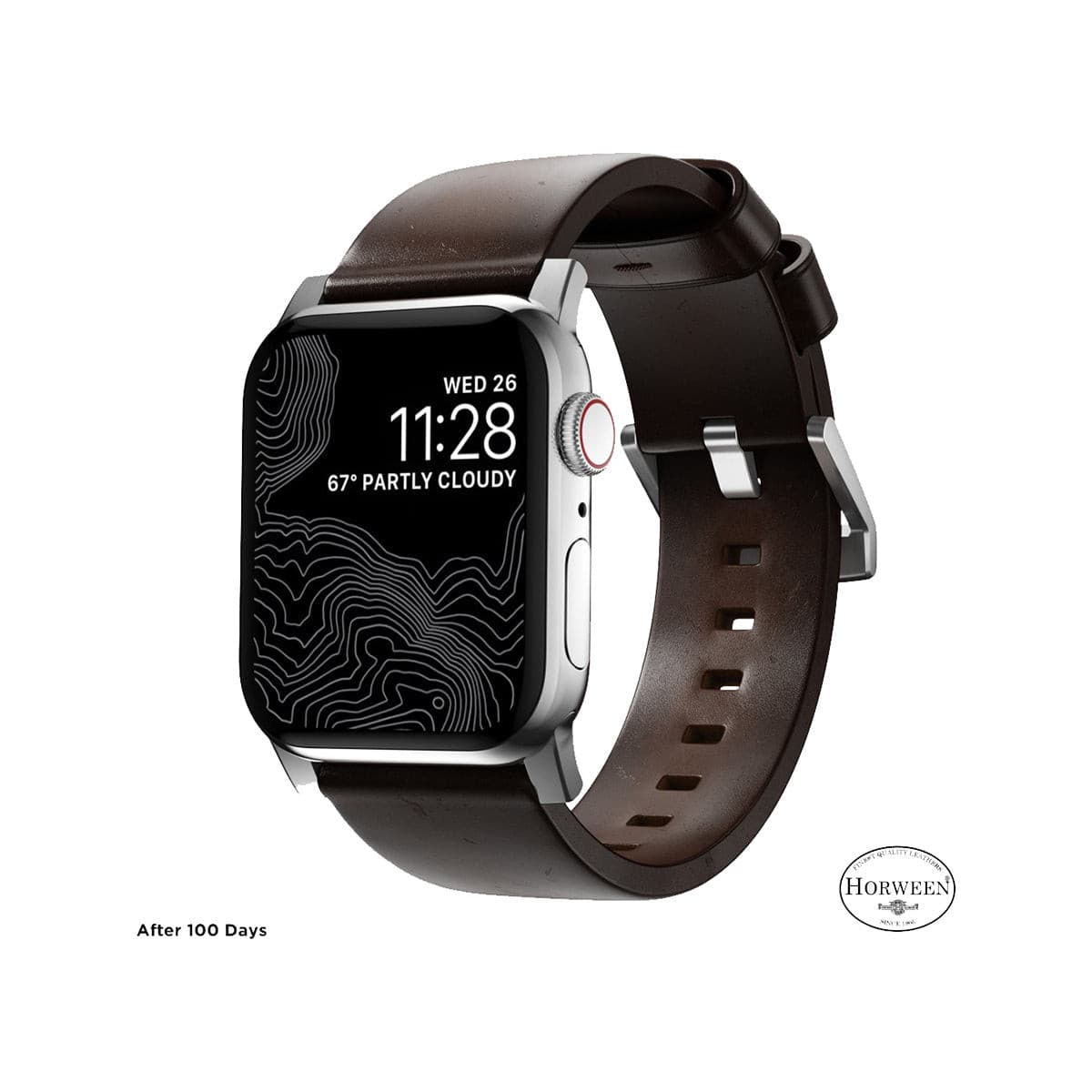 NOMAD Modern Leather Band for Apple Watch 45mm 49mm - Rustic Brown Horween Leather with Silver Hardware | Stylish & Durable Replacement Strap for Work, Travel & Everyday Wear