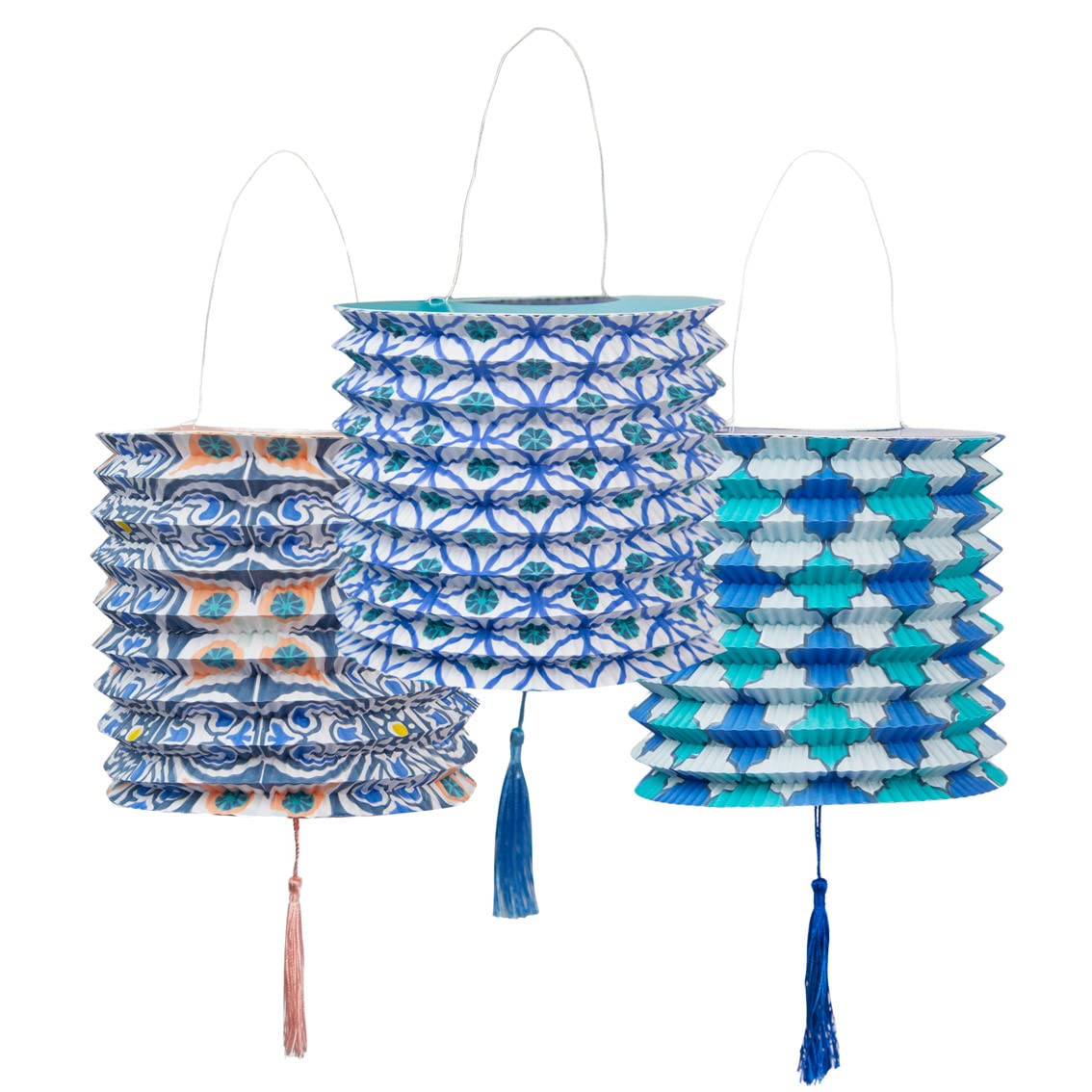 Talking Tables Moroccan Geometric Blue Paper Lanterns - Pack of 3 | Elegant Party Decor for Birthday, Garden, Summer & Baby Shower | Perfect for Indoor/Outdoor Events, Wedding Decorations & Home Décor