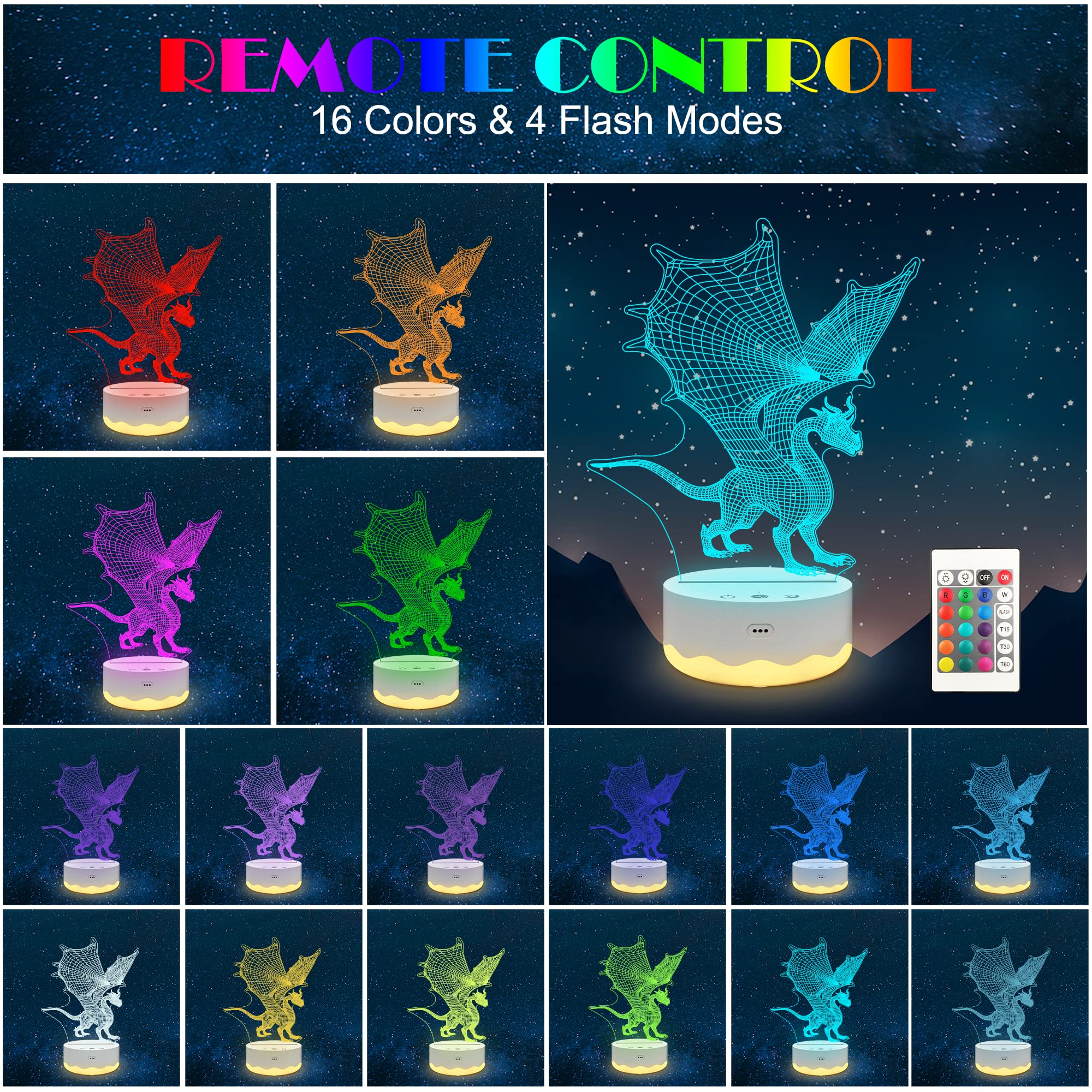 Fantasy Dragon 3D Night Light with Timer & Dimmer - Cool LED Room Decor for Kids, Girls, Women | Perfect Birthday & Christmas Gift Idea for Fantasy Lovers | Bedroom, Nursery, Game Room Lighting Decor