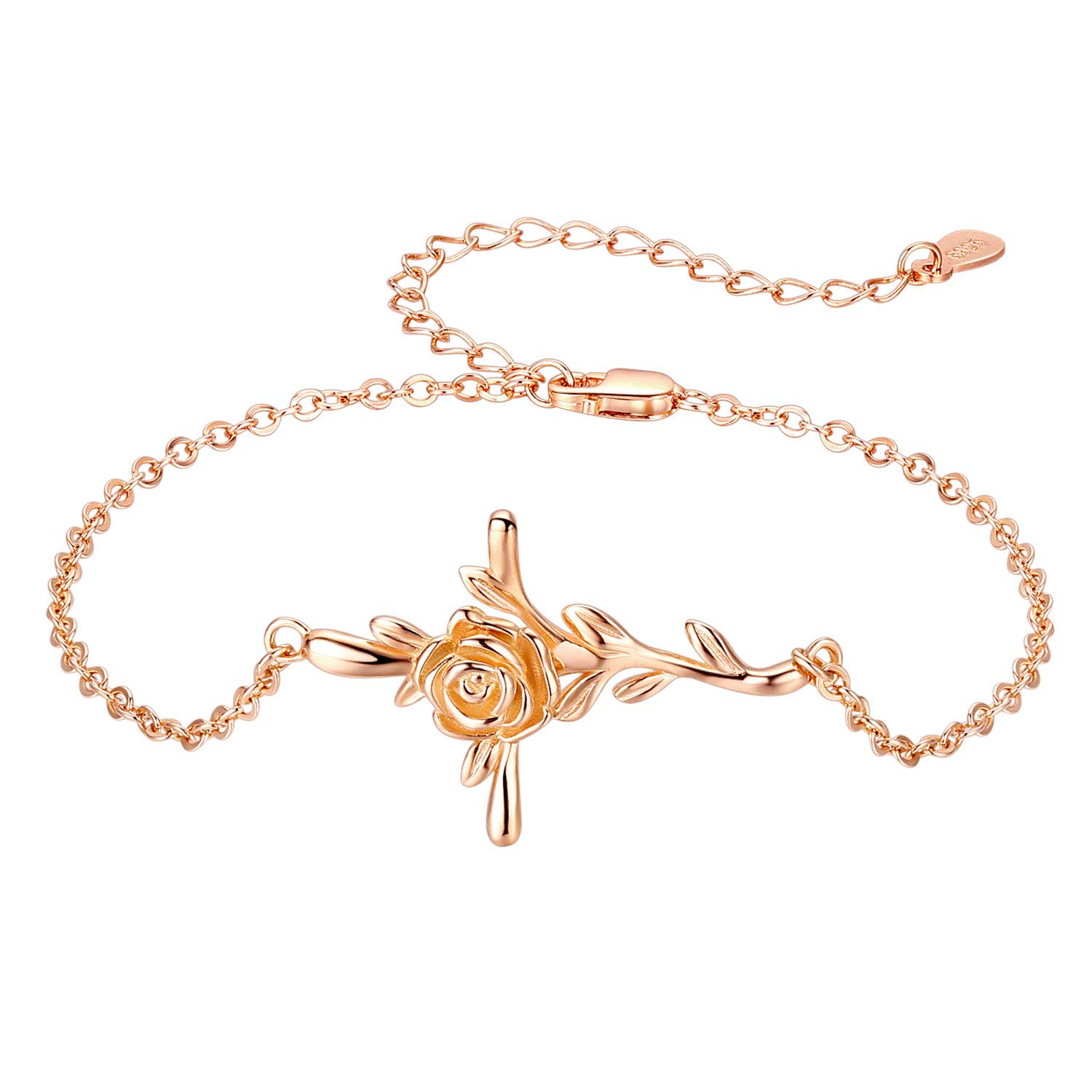 CUOKA MIRACLE Cross Bracelet - S925 Sterling Silver Rose Flower Bracelet with Rose Gold Plating, Religious Jewelry for Women, Men & Teens - Perfect Christmas Gift, Baptism, Confirmation & Everyday Faith Wear
