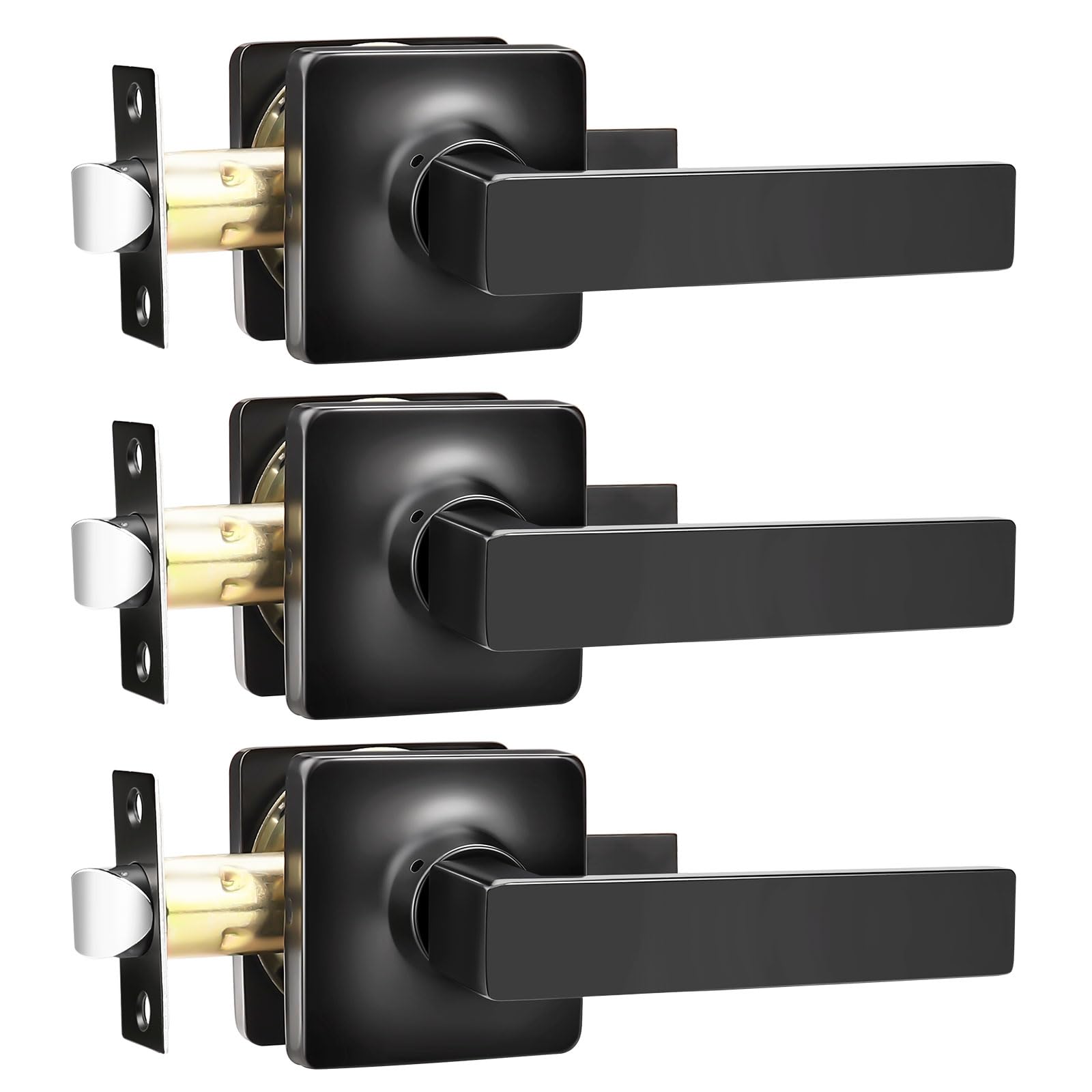 Gobekor 3 Pack Matte Black Square Interior Door Handles - Modern Passage & Closet Door Levers with Lock - Perfect for Bedrooms, Bathrooms & Office Doors