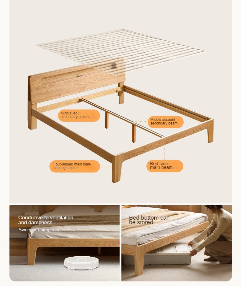 Solid Oak and Beech Wood Bed with Built-in LED Lights and Bookshelf - Modern Bedroom Furniture for Small Spaces, Lofts, and Studio Apartments