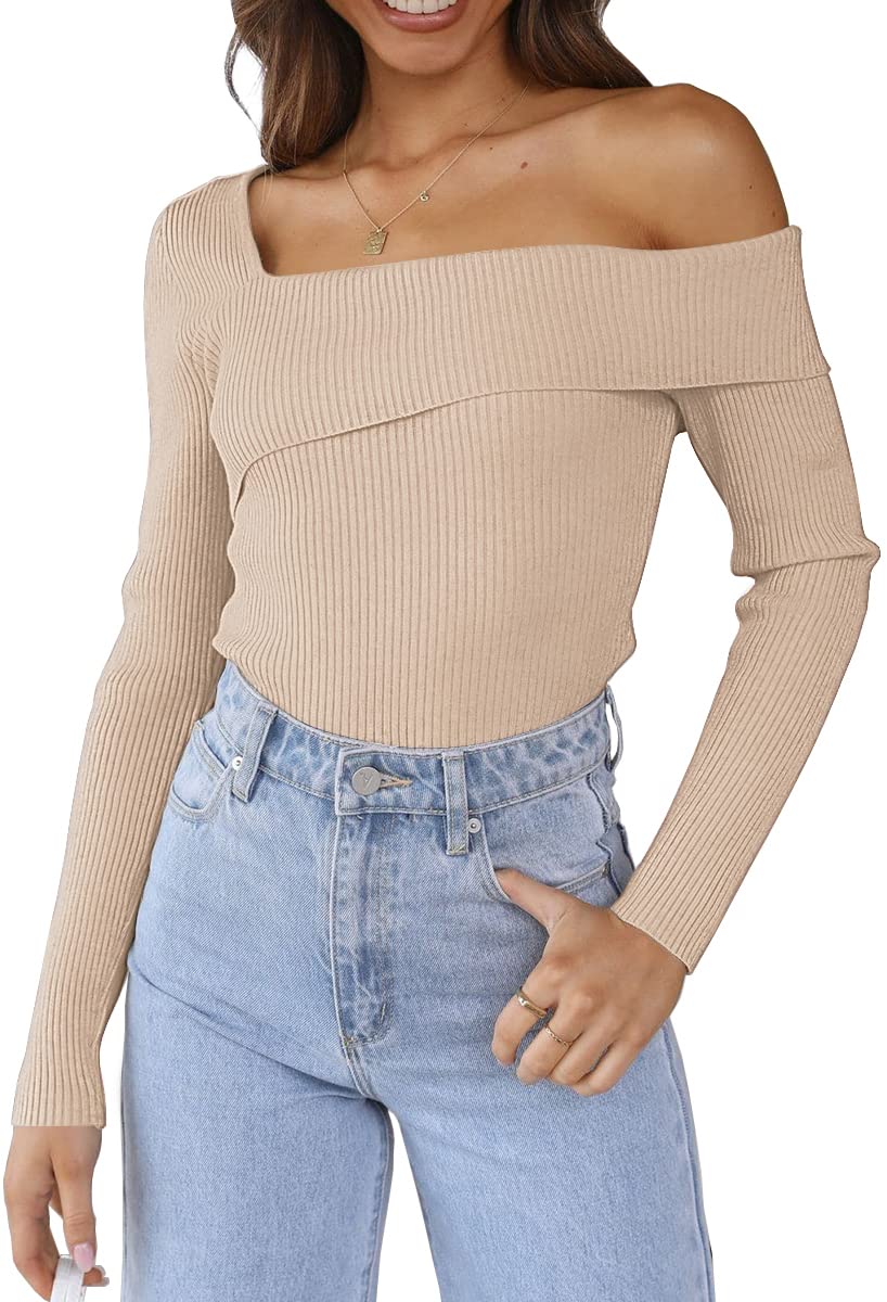 LILLUSORY Women's Off Shoulder Long Sleeve Ribbed Knit Pullover Sweater - Casual Chic Tops for Date Night, Party & Fall Fashion