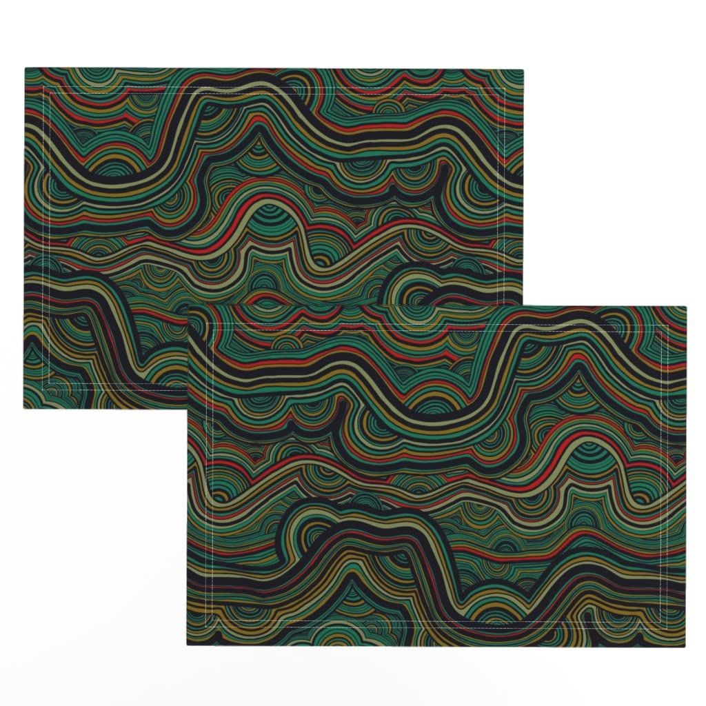 Premium Linen Cotton Canvas Placemats Set of 2 - Zen Malachite Green & Red Abstract Stripes Design for Dining Table Decor | Washable Fabric Place Mats for Kitchen, Restaurant, and Home Entertaining