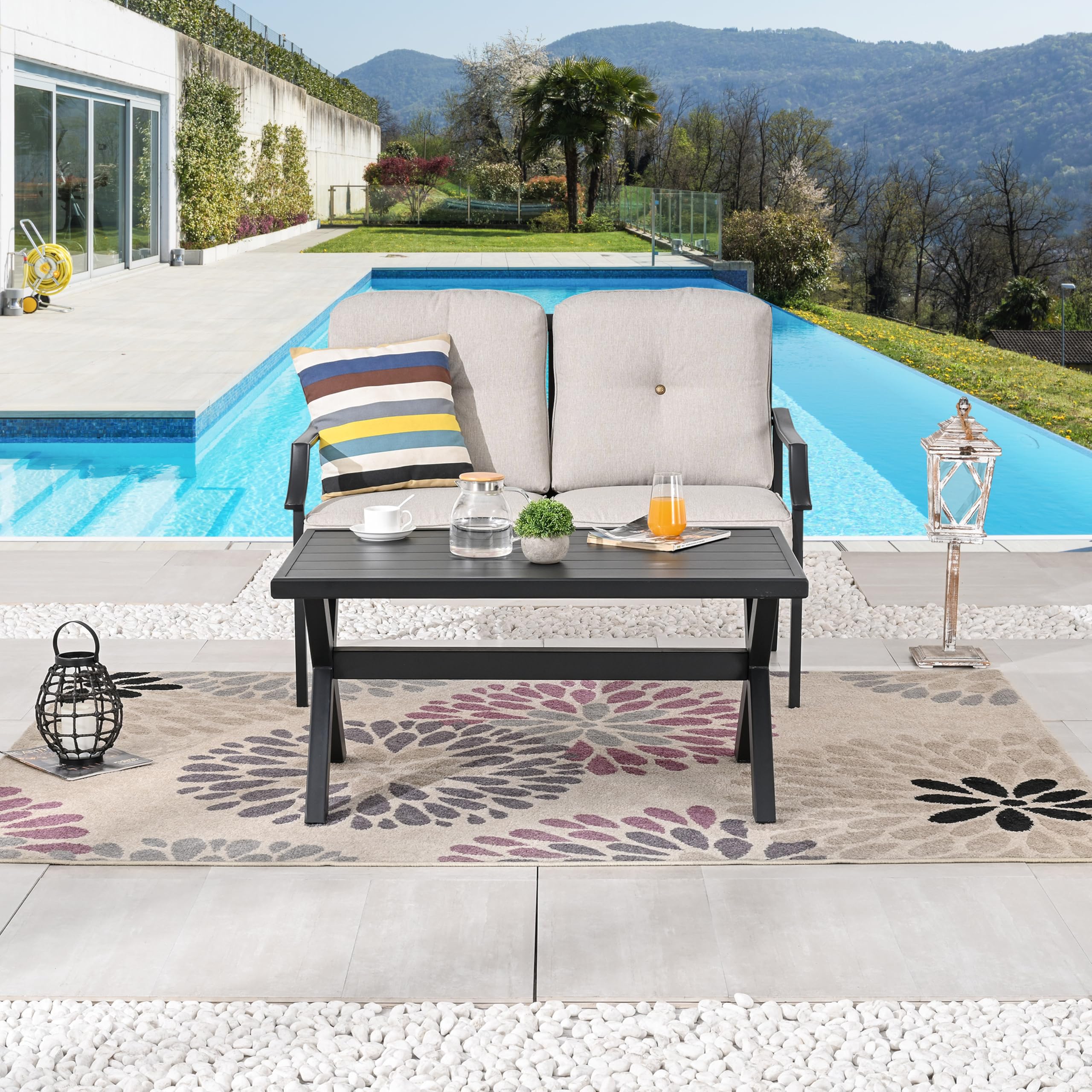 LOKATSE HOME 2-Piece Outdoor Patio Loveseat Set with Cushions & Steel Coffee Table - Beige - Perfect for Garden, Backyard, and Poolside Relaxation