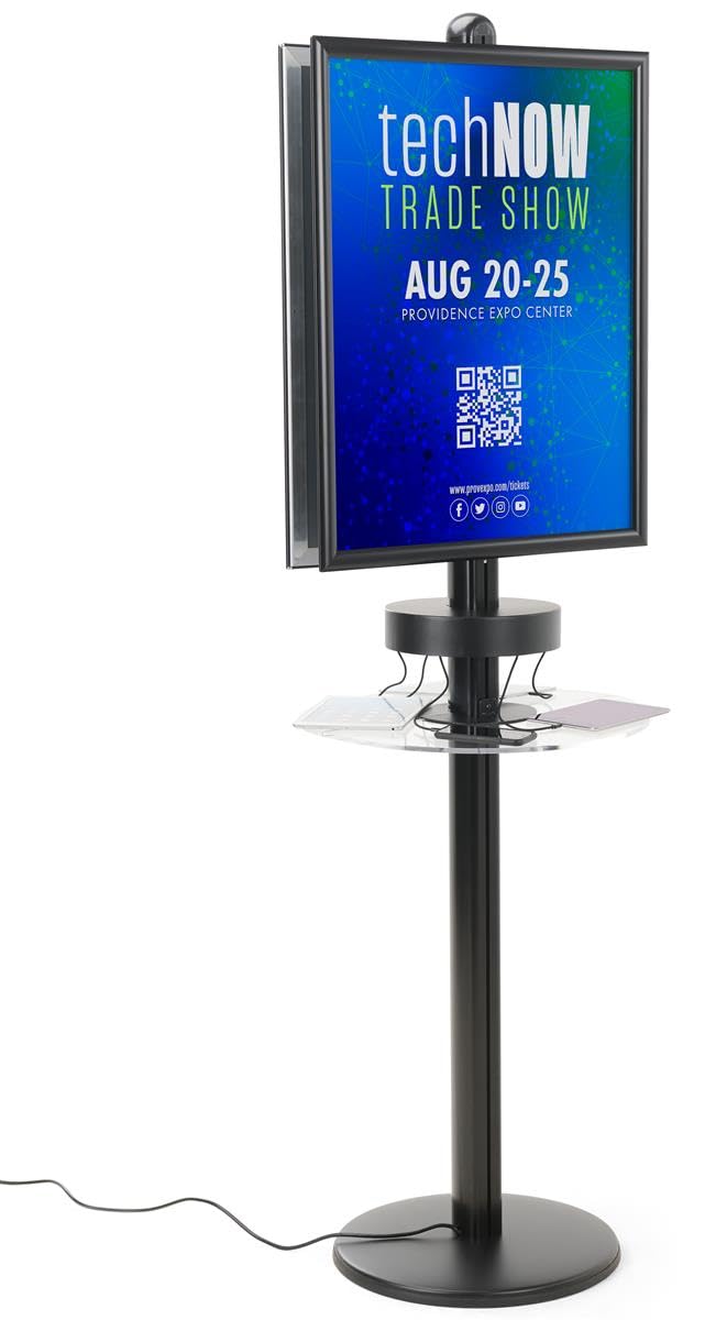 Displays2go Floor Standing Poster Stand for Phone Chargers - Durable Aluminum & Steel Construction with Acrylic Shelf - Black Finish (FLCHGP2BK) - Perfect for Retail Stores, Trade Shows & Charging Stations