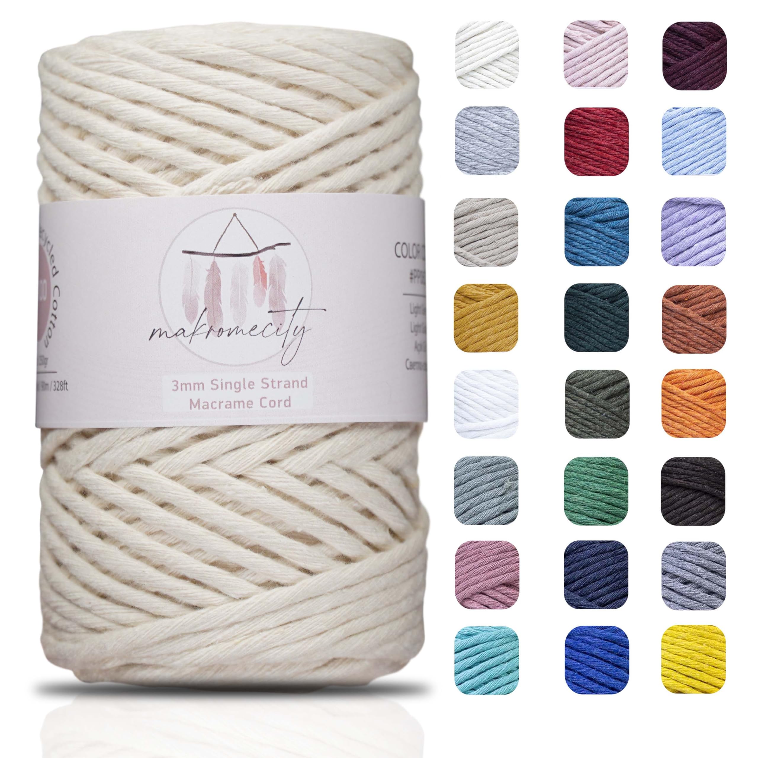 Makromecity 3mm Single Strand Macrame Cord - 100 Yards (300 Feet) Natural Cotton Yarn for Wall Hangings, DIY Crafts & Home Decor | Recycled Eco-Friendly Material (Ecru, 1 Skein) | Perfect for Boho Wall Art, Plant Hangers & Handmade Jewelry