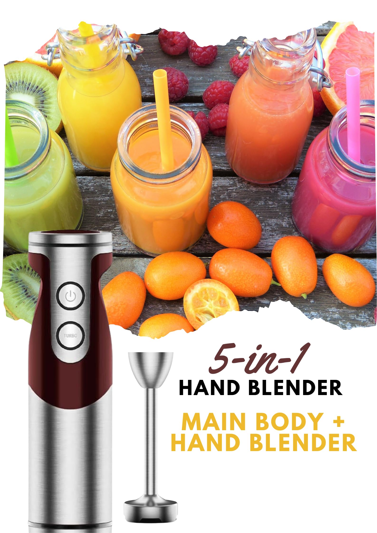 MegaWise Pro Titanium Reinforced 5-in-1 Immersion Hand Blender - 800W Powerful Motor with 80% Sharper Stainless Steel Blades, 12-Speed Control, Includes 500ml Food Chopper, 600ml Mixing Beaker, Whisk & Milk Frother - Perfect for Smoothies, Soups, Sauces, Baby Food & Baking at Home