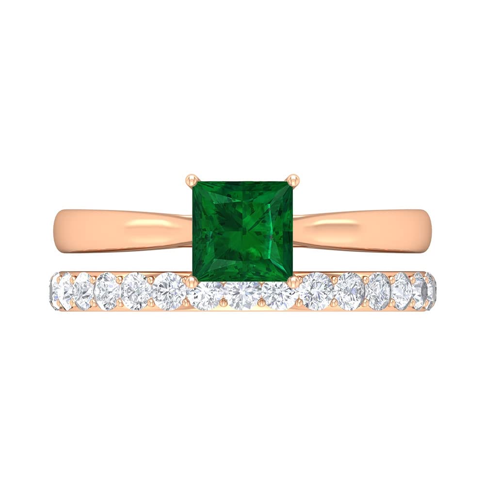 2 CT Princess Cut Created Emerald & Moissanite Solitaire Ring Set in 14K Solid Gold - Elegant Women's Emerald Jewelry for Engagement, Wedding & Special Occasions