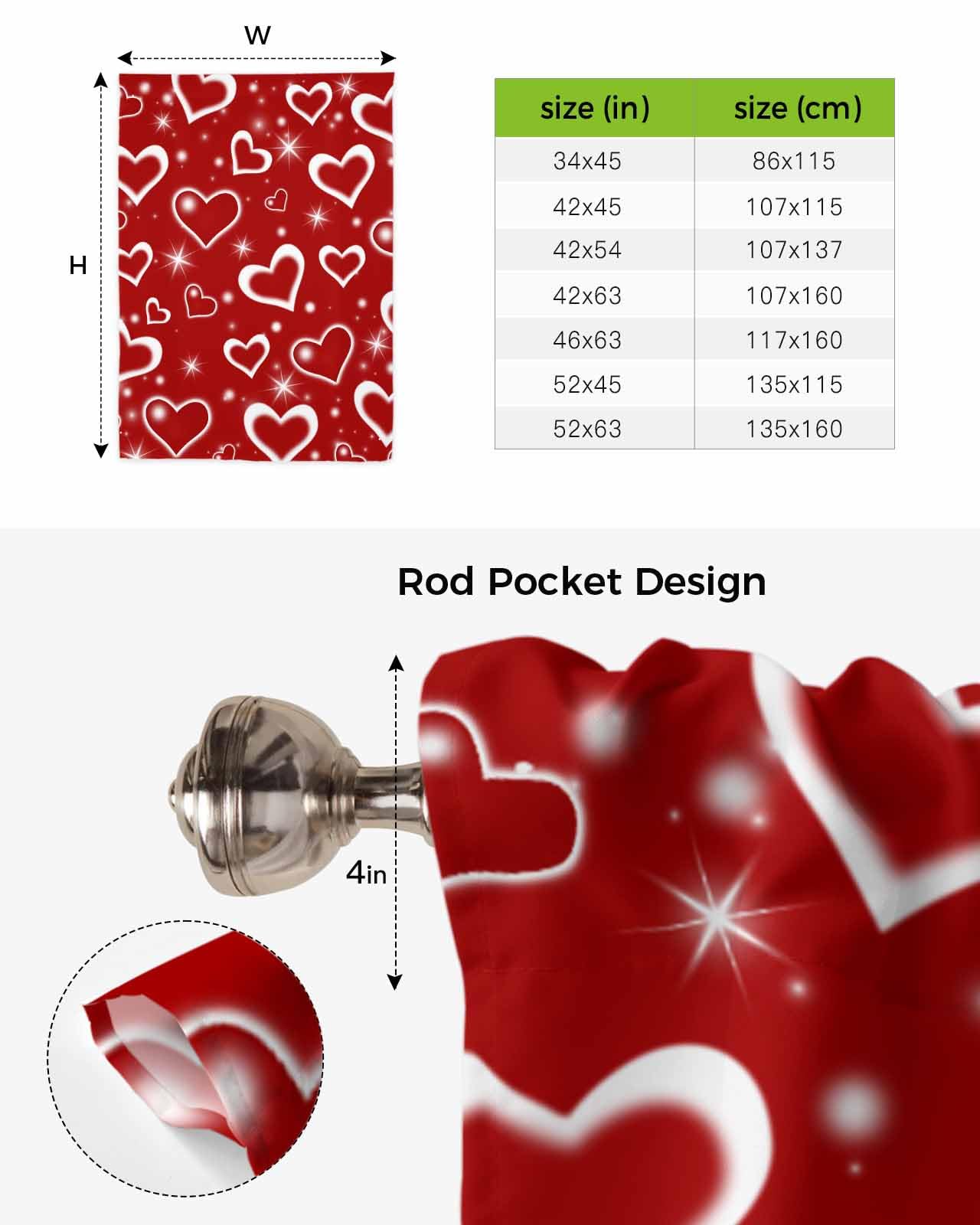 Valentine's Day Kitchen Window Curtains - Romantic Star & Heart Design Adjustable Balloon Shade with Rod Pocket, 42