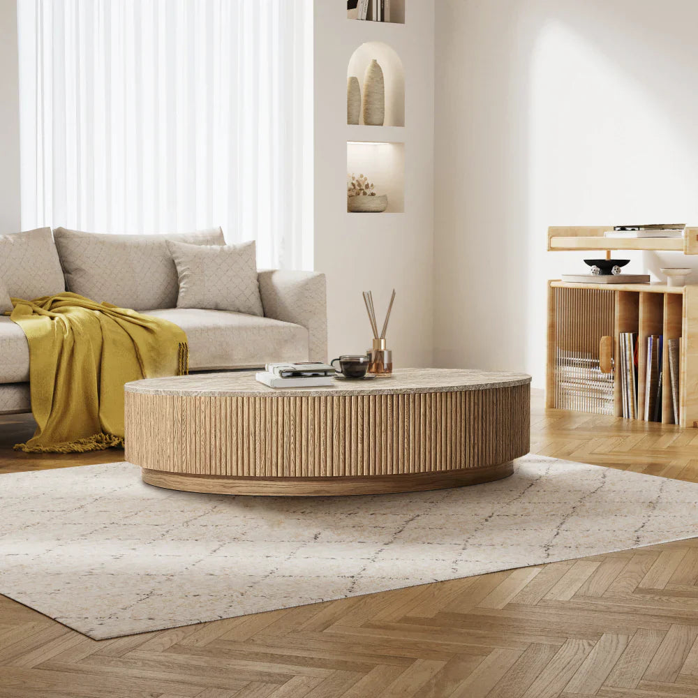 Mulholland Solid Oak Wood & Natural Stone Round Coffee Table - Modern Living Room Centerpiece for Home Decor