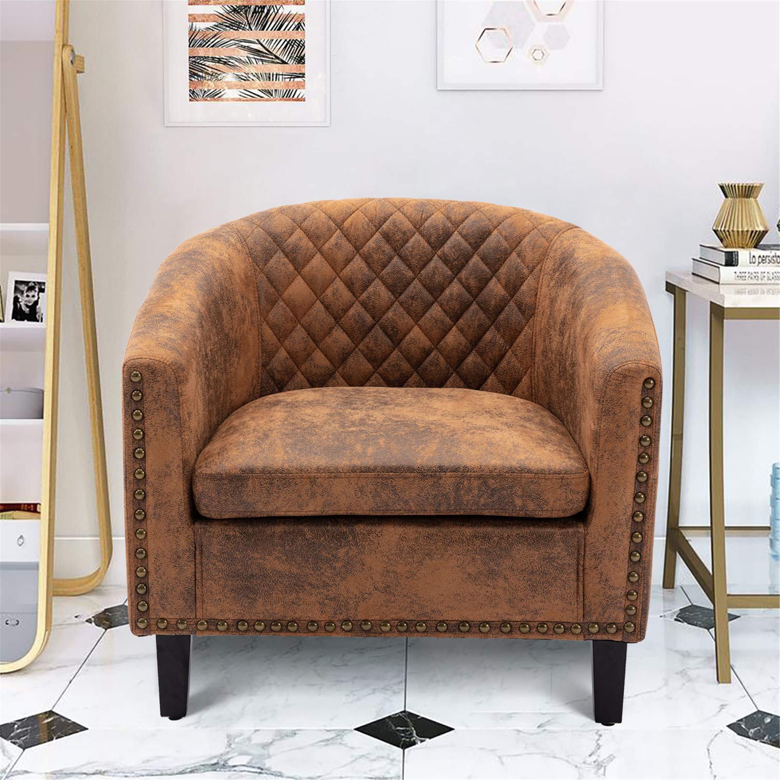Garhelper Modern Accent Barrel Chair - Microfiber Upholstered Club Armchair with Nailhead Trim & Solid Wood Legs, Light Coffee Lounge Chair for Living Room, Bedroom, Reception - Perfect for Reading Nooks, Cozy Corners & Small Space Decor