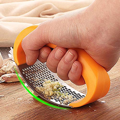Stainless Steel Garlic Press - Manual Multifunction Garlic Chopper, Grinder & Slicer - Yellow Kitchen Gadget for Cooking, Baking & Meal Prep - Perfect for Home Chefs & Restaurants