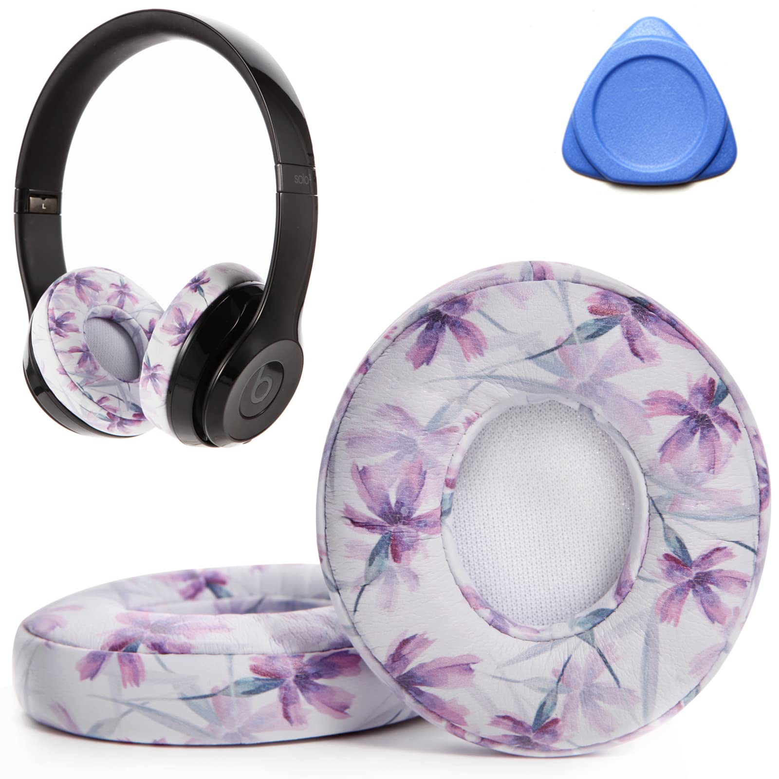 Premium Noise Isolating Memory Foam Ear Pads for Beats Solo 2 & 3 Wireless Headphones - Soft Protein Leather Replacement Earpads with Strong Adhesive (Purple Flower Design) | Perfect for Travel, Workouts & Home Entertainment