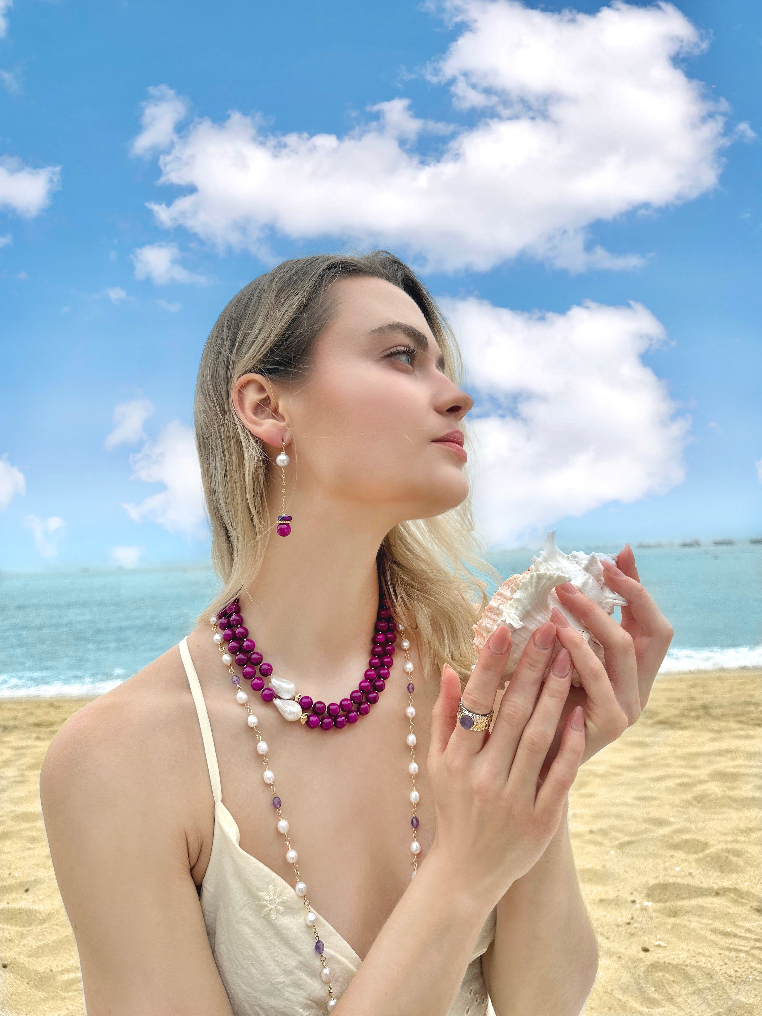 Elegant Gray Freshwater Pearl & Magenta Gemstone Dangle Earrings LE008 | Perfect for Weddings, Parties & Special Occasions