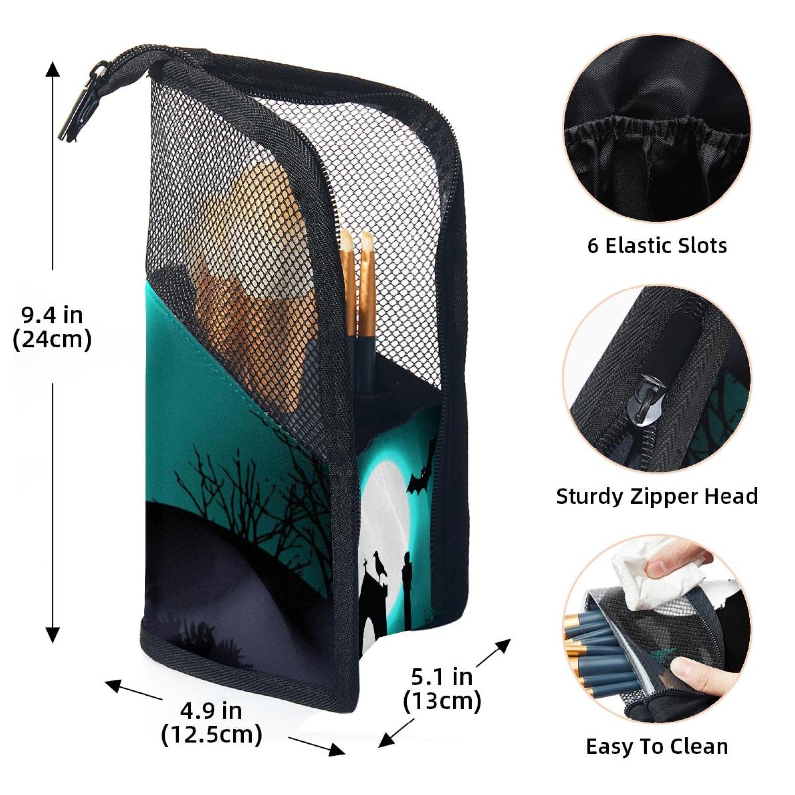 12-Piece Makeup Brush Organizer Bag with Scary Full Moon Bat Design - Portable Travel Cosmetic Brush Holder Case for Professional & Home Makeup Storage