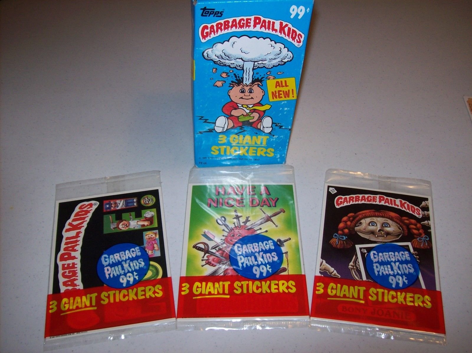 Vintage 1986 Garbage Pail Kids Giant Sticker Cards - Unopened Collector's Packs for Trading, Collecting & Nostalgic Display