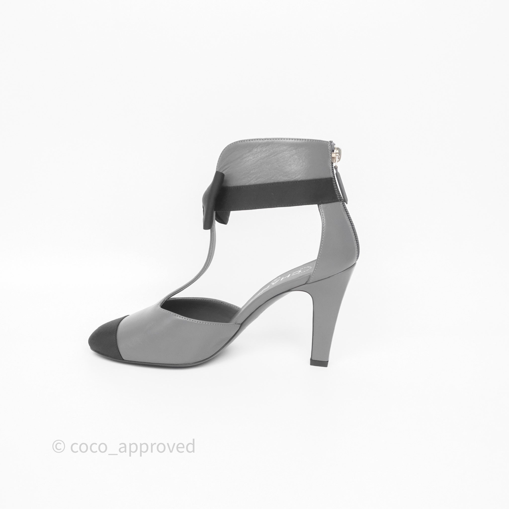 Chanel Cap Toe Bow Ankle Strap Sandals - Grey & Black Lambskin Leather - Perfect for Summer Weddings & Evening Events