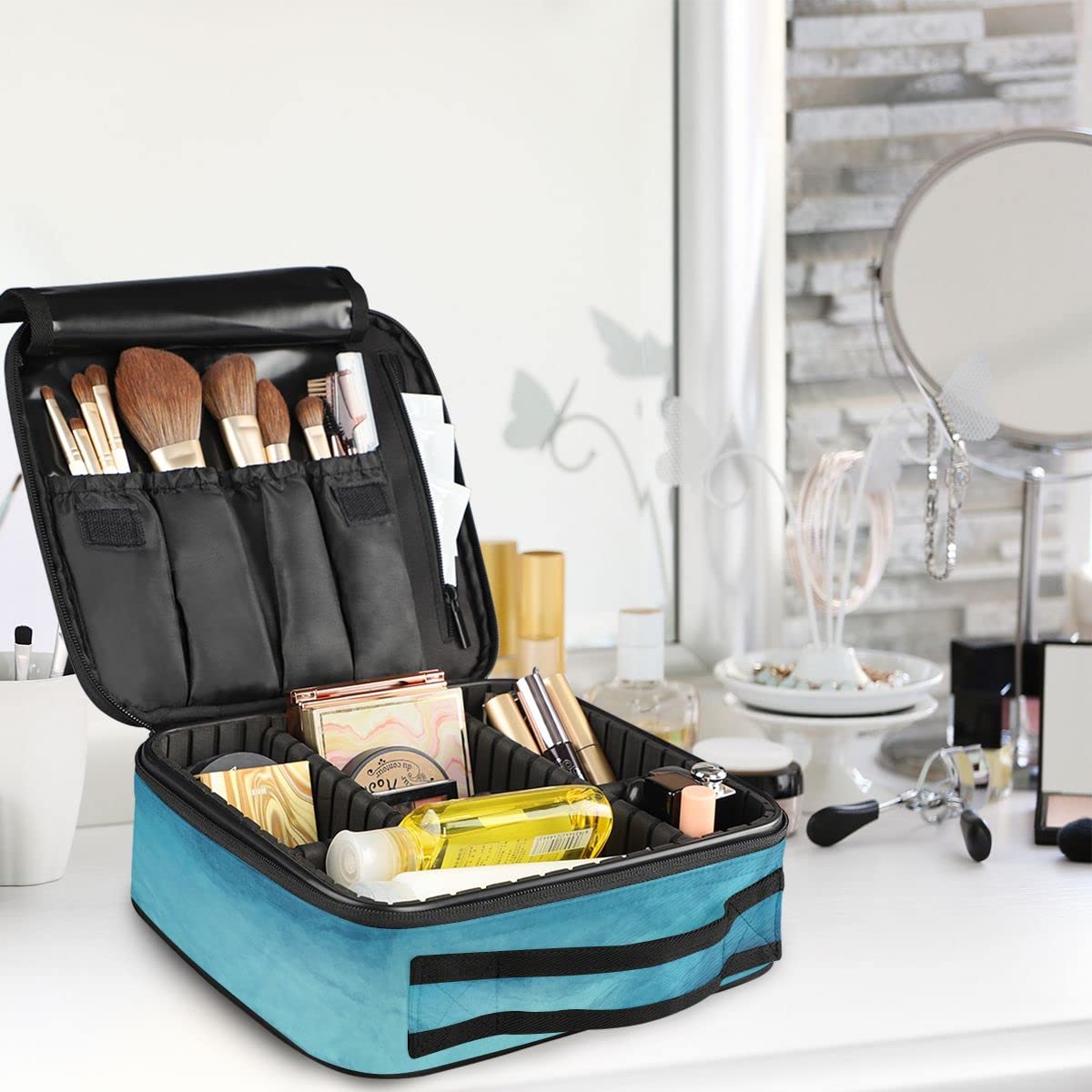 GAIREG Teal and Black Makeup Organizer Case - Travel Cosmetic Storage Box for Makeup Brushes, Lipsticks & Beauty Tools | Perfect for Travel, Home Vanity & Salon Use