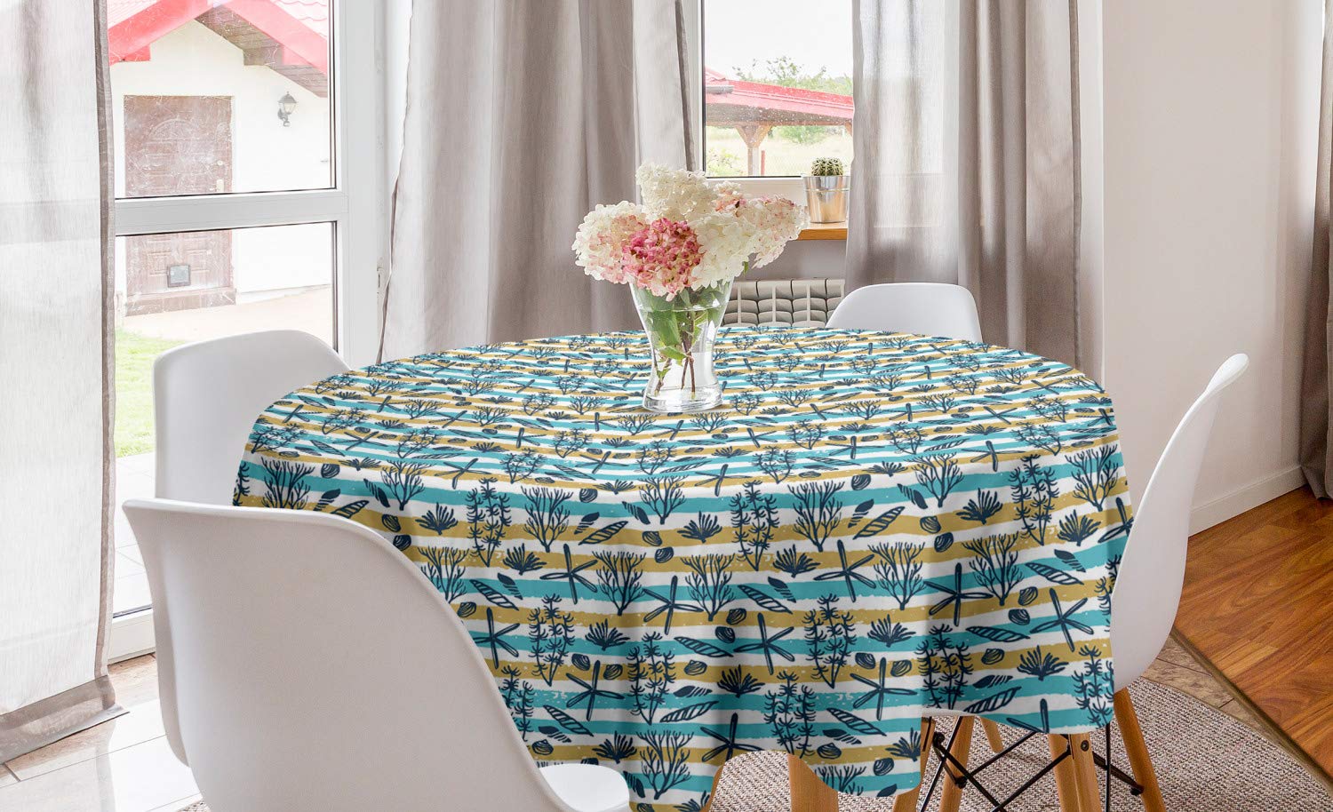 Ambesonne Underwater Round Tablecloth - Coral Reef Starfish & Shells Design on Brushstroke Stripes, 60 Inch Turquoise Dark Khaki Circle Table Cover for Dining Room & Kitchen Decor | Perfect for Beach House, Ocean Theme Parties & Coastal Home Decor