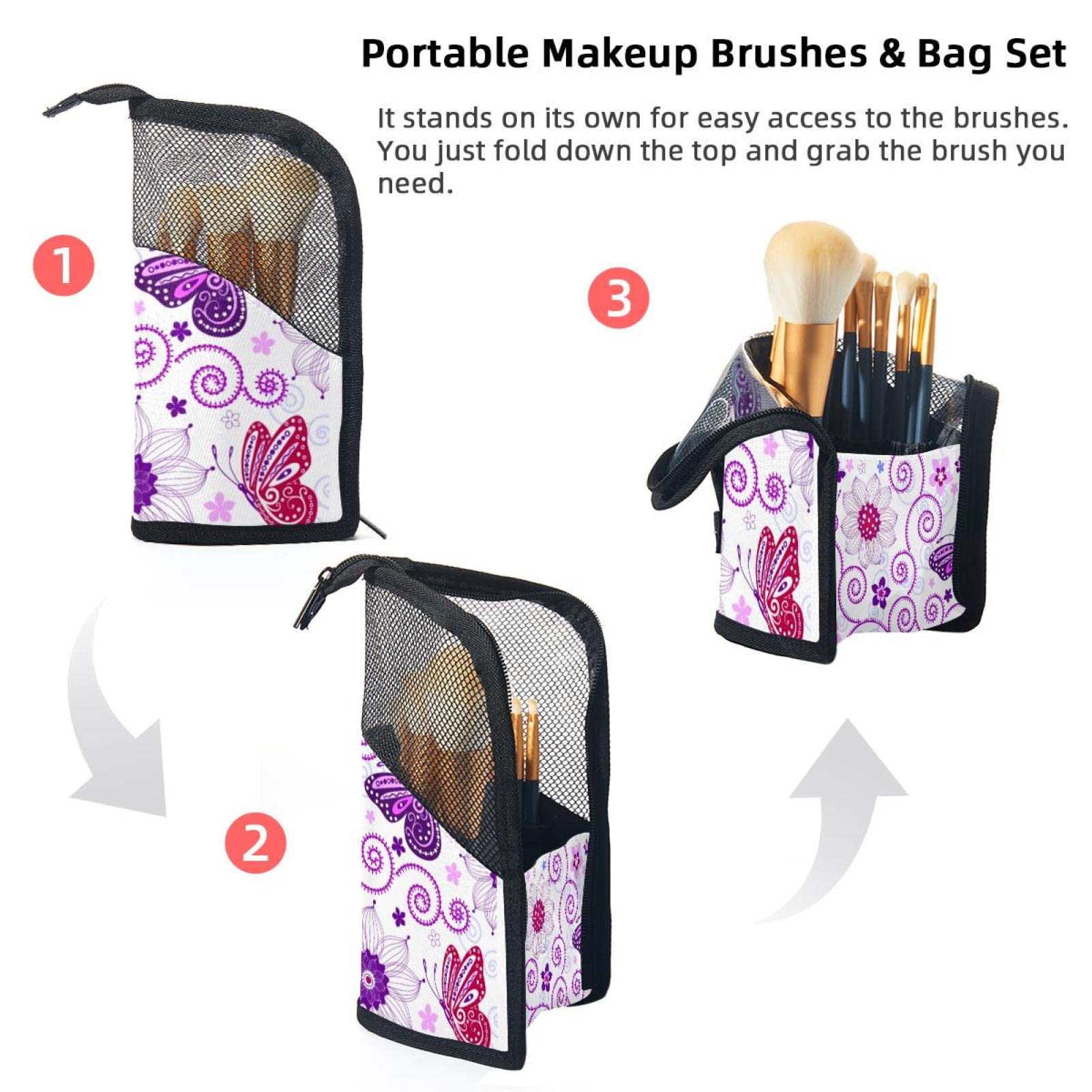 **12-Piece Makeup Brush Organizer Bag with Purple Flower Butterfly Design - Portable Travel Cosmetic Brush Holder Case for Professional & Home Use**