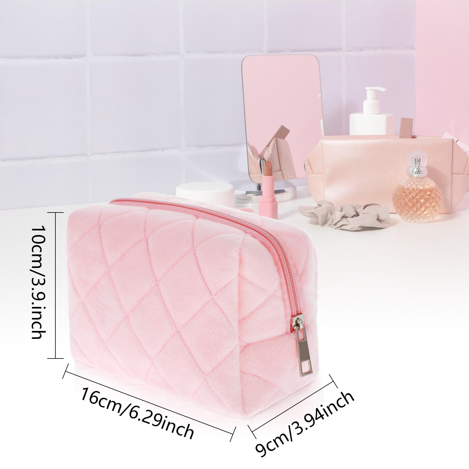 Pink Y2K Checkered Cosmetic Travel Bag for Women - Small Fluffy Makeup Pouch, Cute Trendy Skincare & Toiletry Organizer | Perfect for Travel, Gym, and Daily Makeup Storage