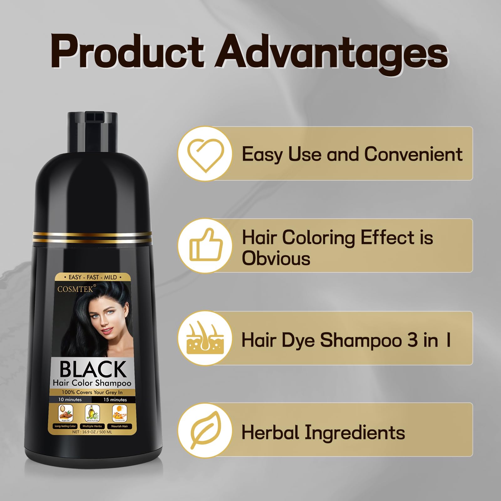Ivnil Hair Dye Shampoo 3 in 1 - Natural Gray Coverage for Women & Men - 500ML Black | Permanent Hair Color at Home, Quick & Easy Application for Salon-Like Results