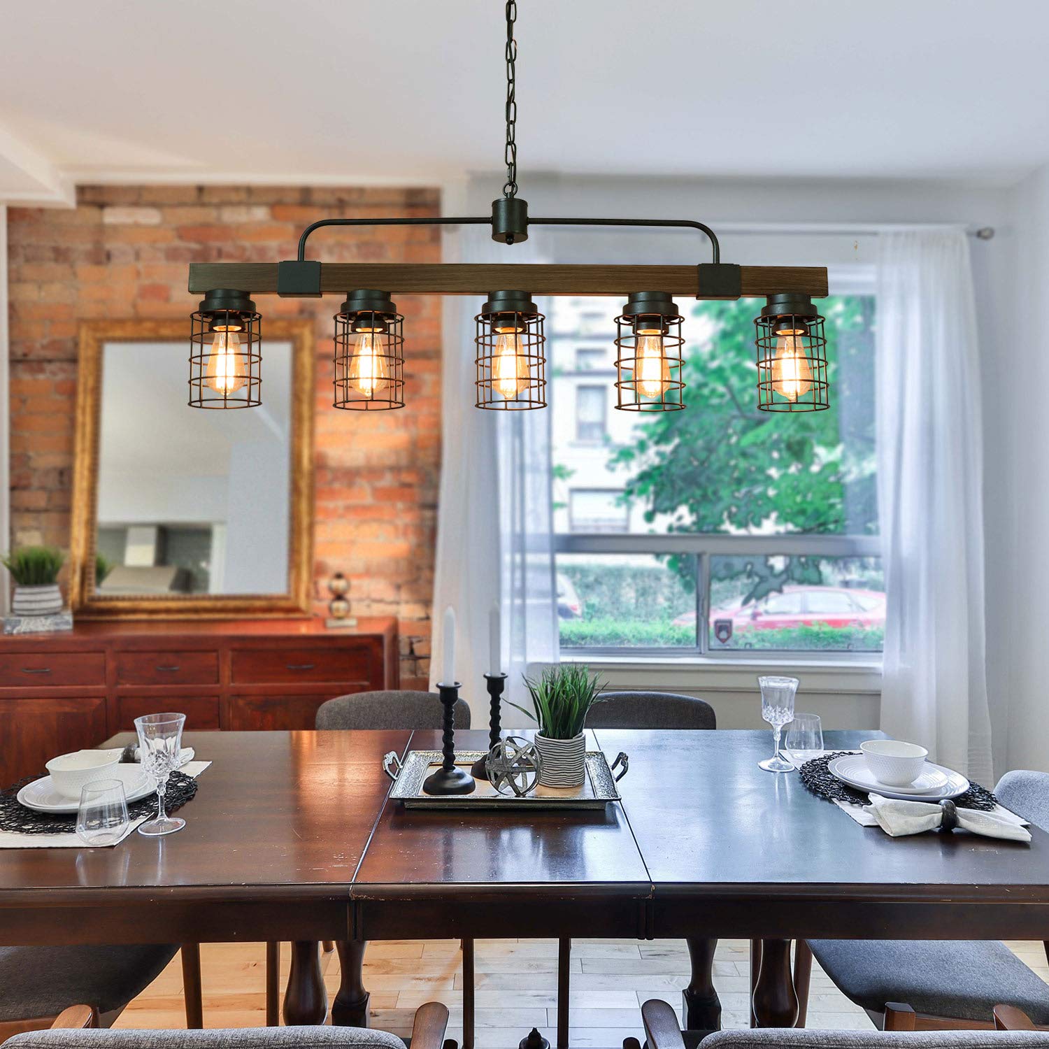 Giluta 5-Light Industrial Linear Kitchen Island Chandelier - Rustic Metal Mesh Cage Farmhouse Pendant Light Fixture for Kitchen, Dining Room, Pool Table & Living Room | Perfect for Farmhouse Decor, Restaurant Lighting & Modern Home Interiors