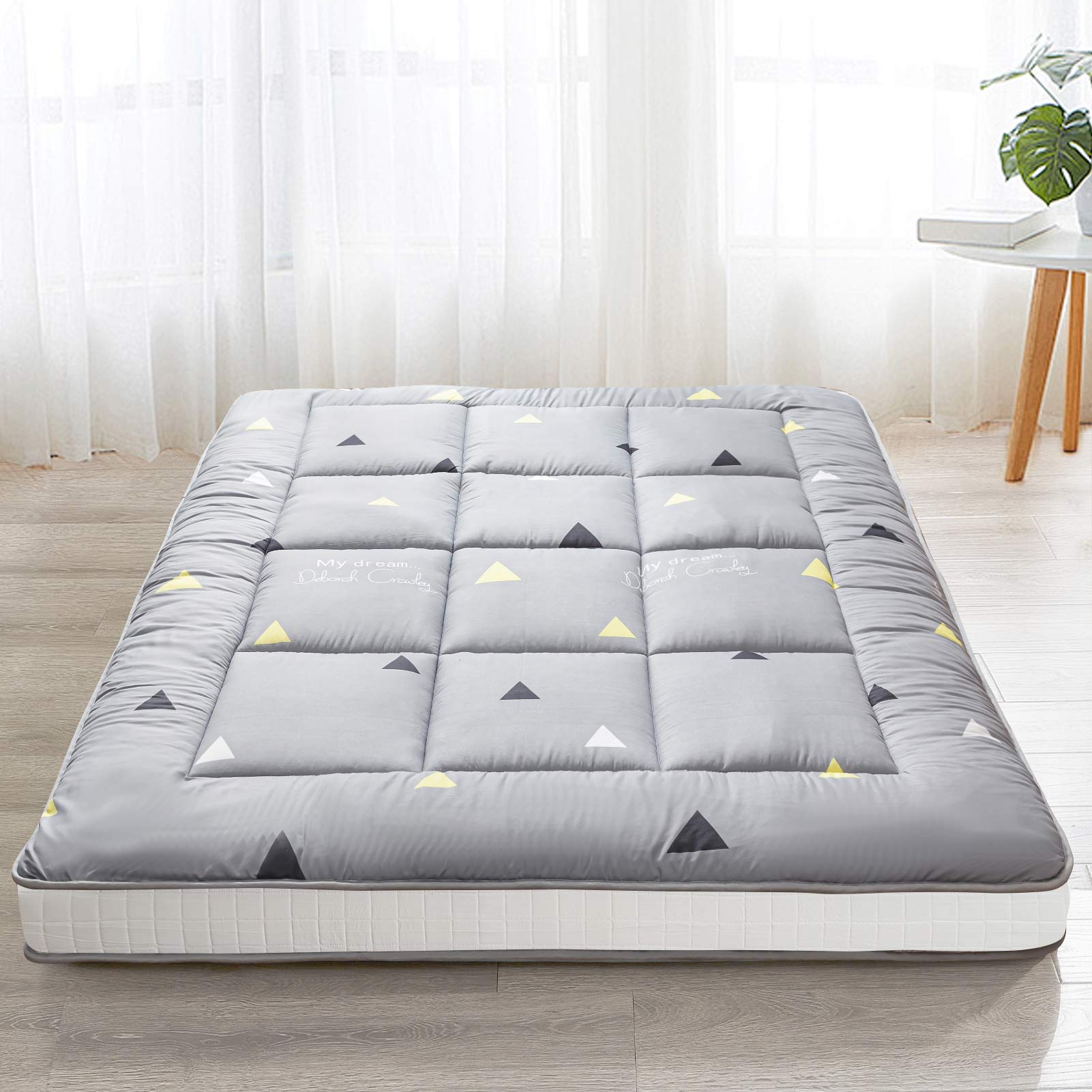 MAXYOYO Extra Thick Japanese Floor Mattress - Grey Triangle Futon Mattress for Adults, Foldable Sleeping Pad for Guest Bed, Camping & Home Use